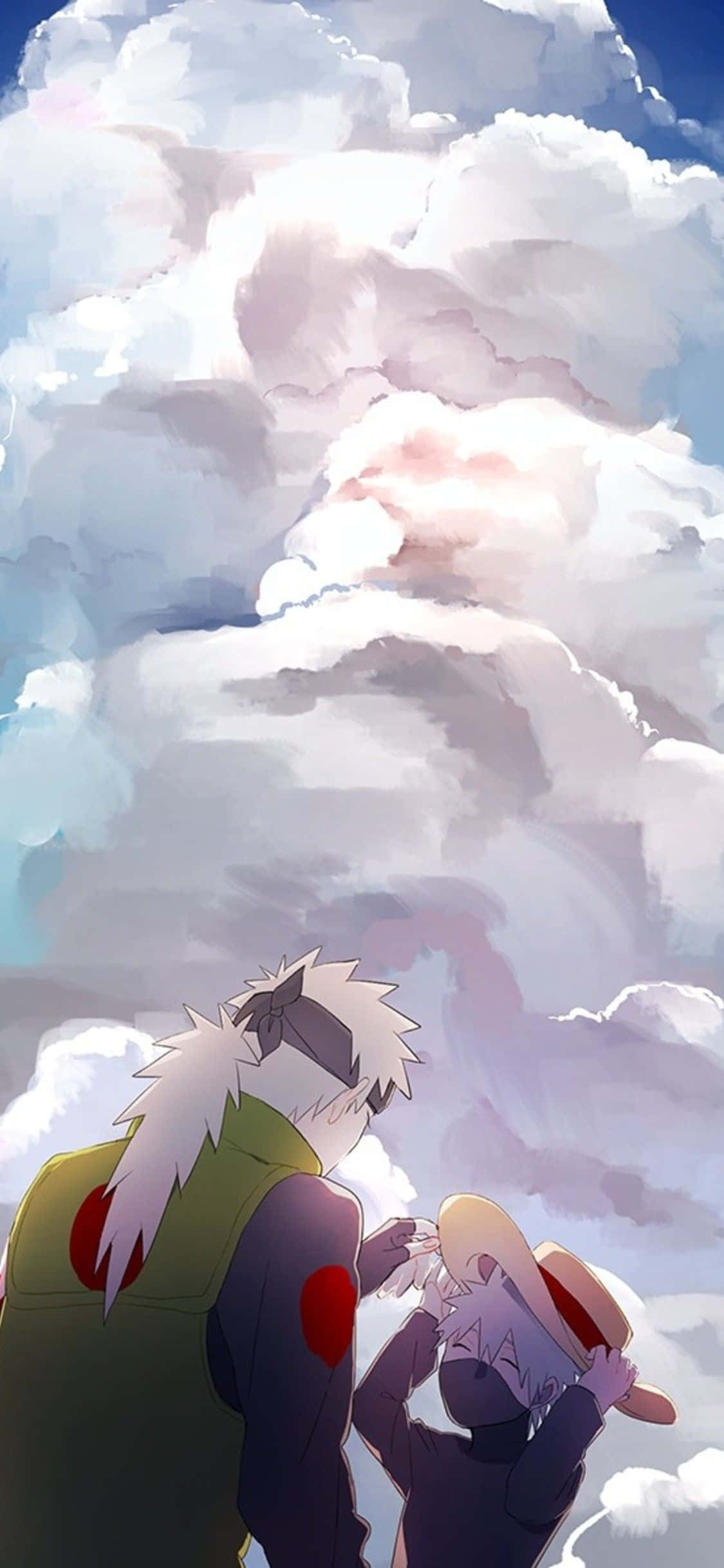 Uchiha iPhone 桌布 壁紙 — 兩個動漫角色仰望廣闊的天空，天空充滿柔和的粉彩雲朵，沐浴在溫和的陽光中。