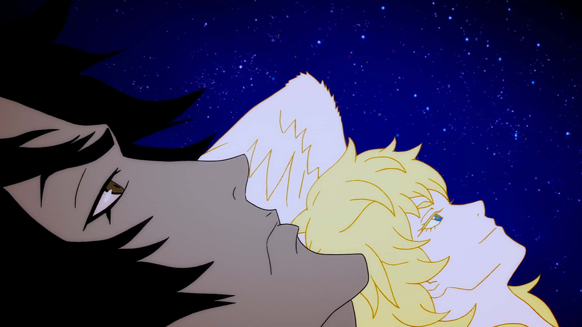 Devilman Crybaby 桌布 壁紙 — 兩個動漫角色仰望星空，表情柔和，髮色對比鮮明。