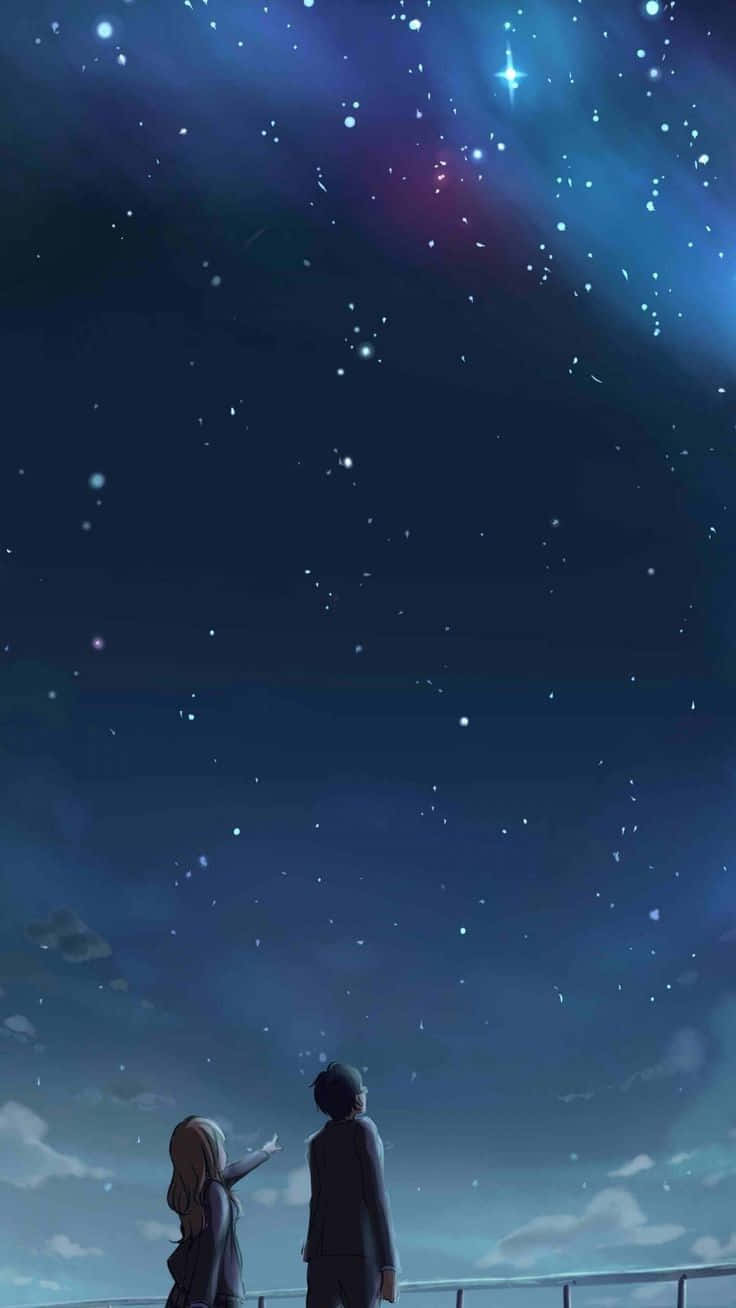 可愛動漫情侶 桌布 壁紙 — 兩個動漫角色仰望頭頂廣闊的星空，星空閃爍著宇宙色彩。