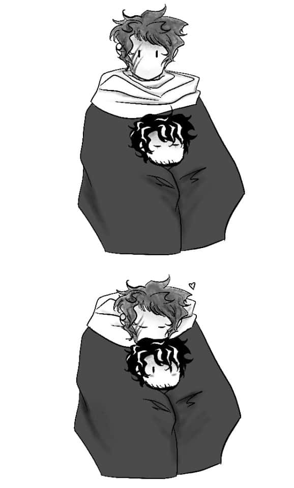The Promised Neverland Lucas 桌布 壁紙 — 兩個動漫角色依偎在毯子下，一個醒著，另一個睡著，舒適的黑白插圖。