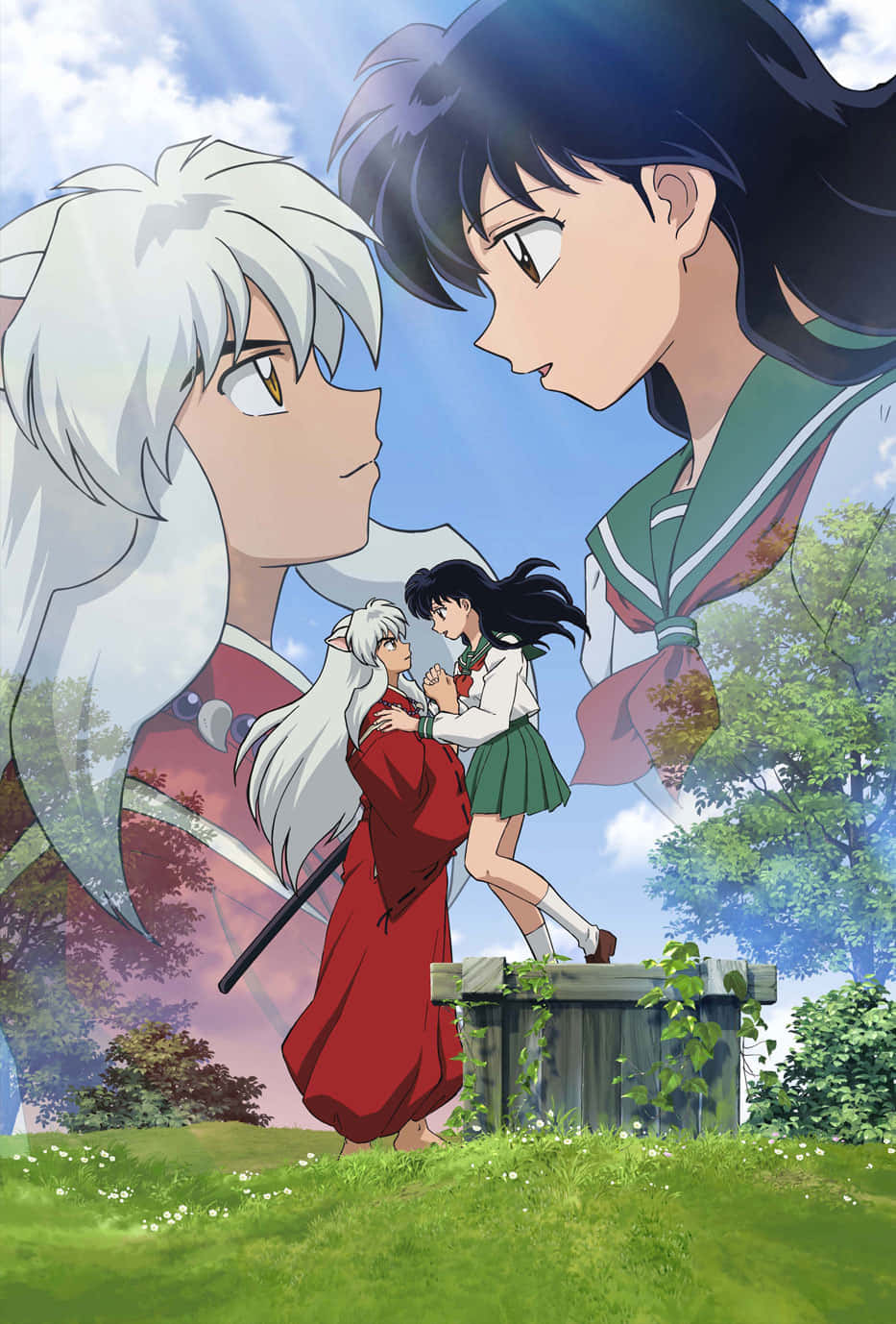 Inuyasha Phone 桌布 壁紙 — 兩個動漫角色俯視著一對情侶在陽光照耀的草地上，在長滿苔蘚的石頭上擁抱。