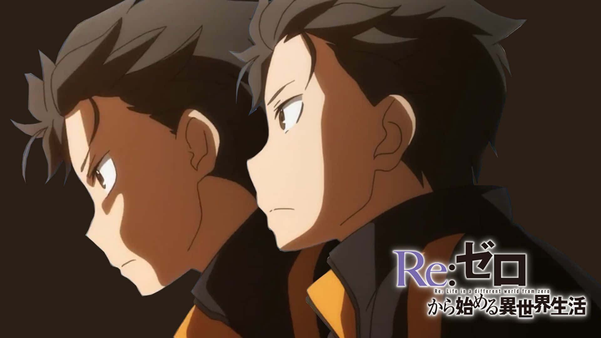 Subaru Natsuki 桌布 壁紙 — 兩個動漫角色側面相對，在黑暗背景與溫暖燈光下分享緊張時刻。