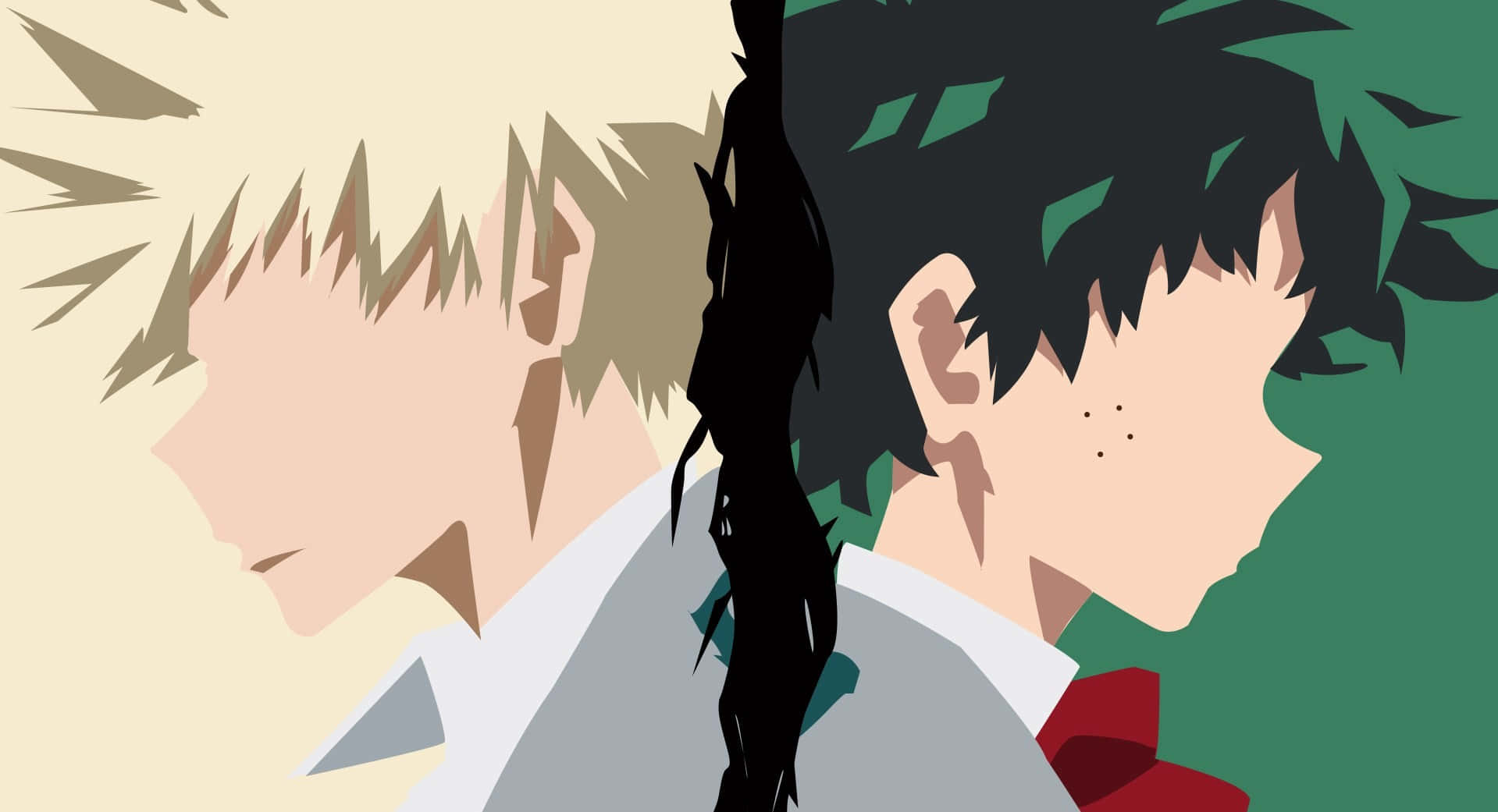 My Hero Academia Aesthetic 桌布 壁紙 — 兩個動漫角色側面面向相反方向，大膽的黑色剪影在米色和綠色背景之間將他們分開。