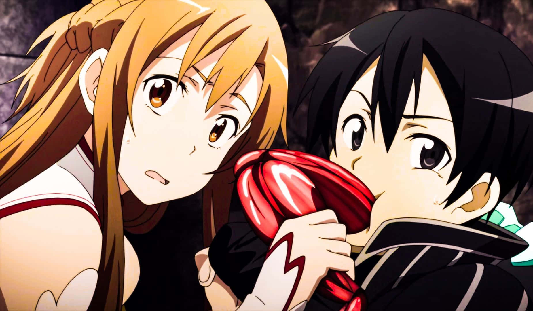 Yuuki Asuna 桌布 壁紙 — 兩個動漫角色共享一個紅色氣球，在親密時刻中展現出富有表現力的眼神。