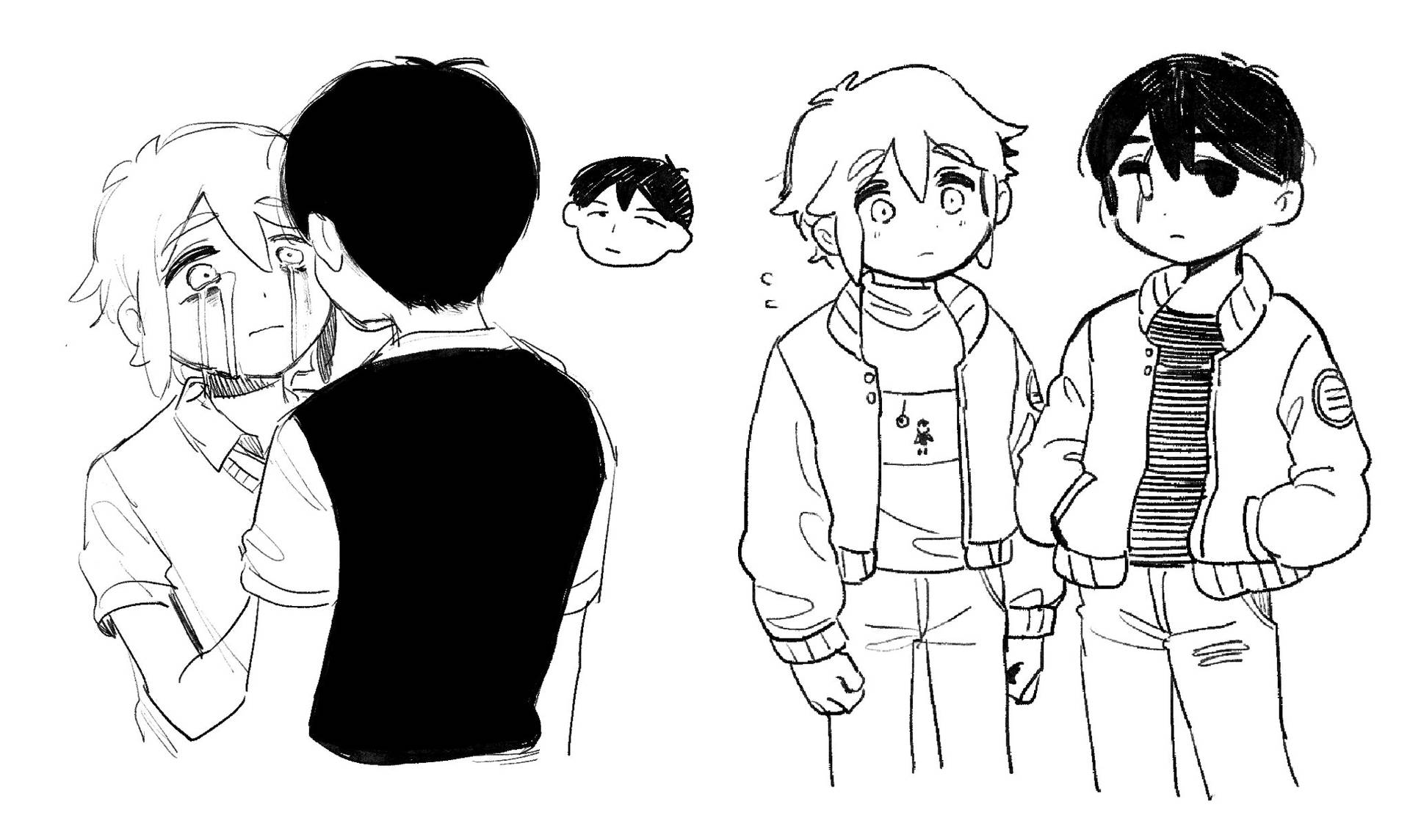 兩個動漫角色互相安慰，第三個擔憂地看著。 — Omori GIF 壁紙
