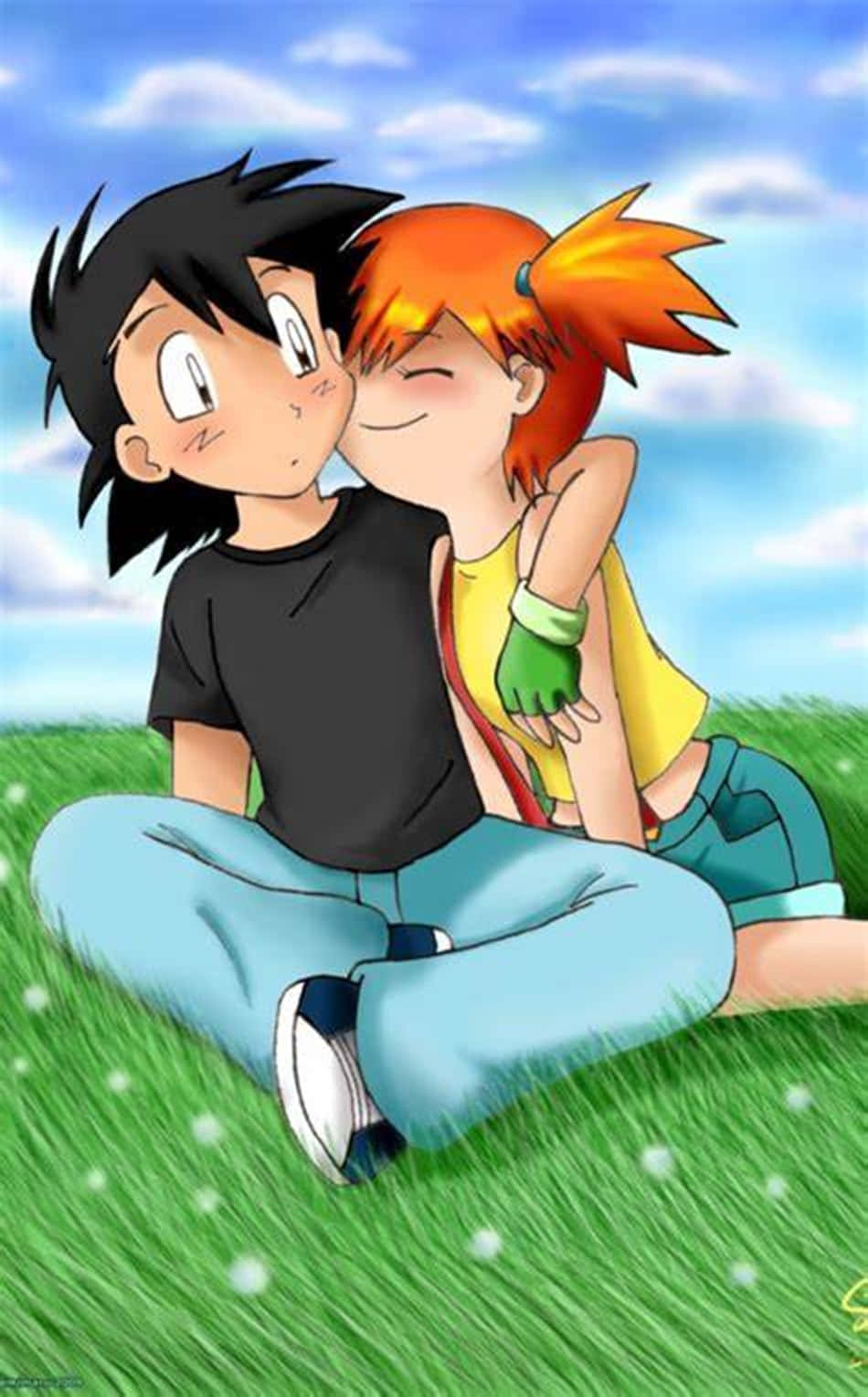 Couple Cartoon 桌布 壁紙 — 兩個動漫角色分享一個溫柔的時刻，一個女孩在藍天下坐在草地上親吻一個男孩的臉頰。