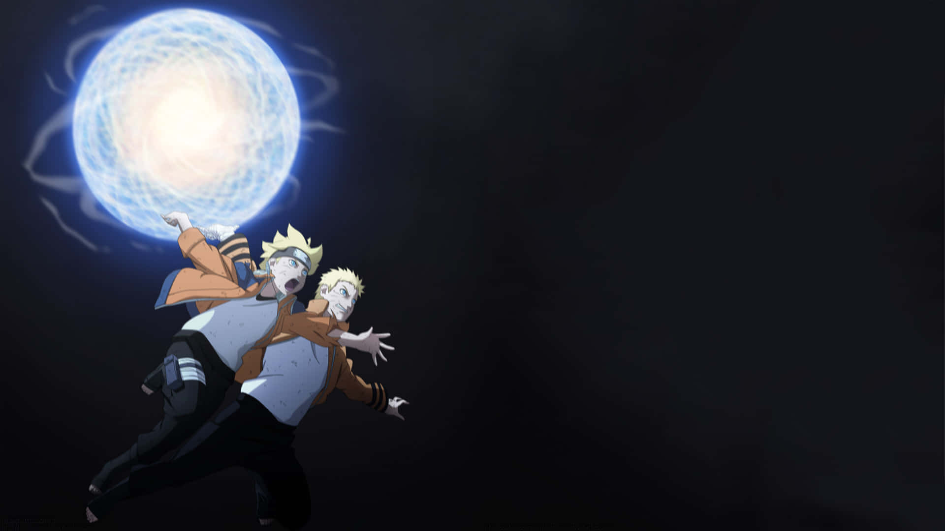 Naruto Rasengan 桌布 壁紙 — 兩個動漫角色向前衝刺，一個發光的藍色查克拉球在他們身後對著黑暗虛空脈動。