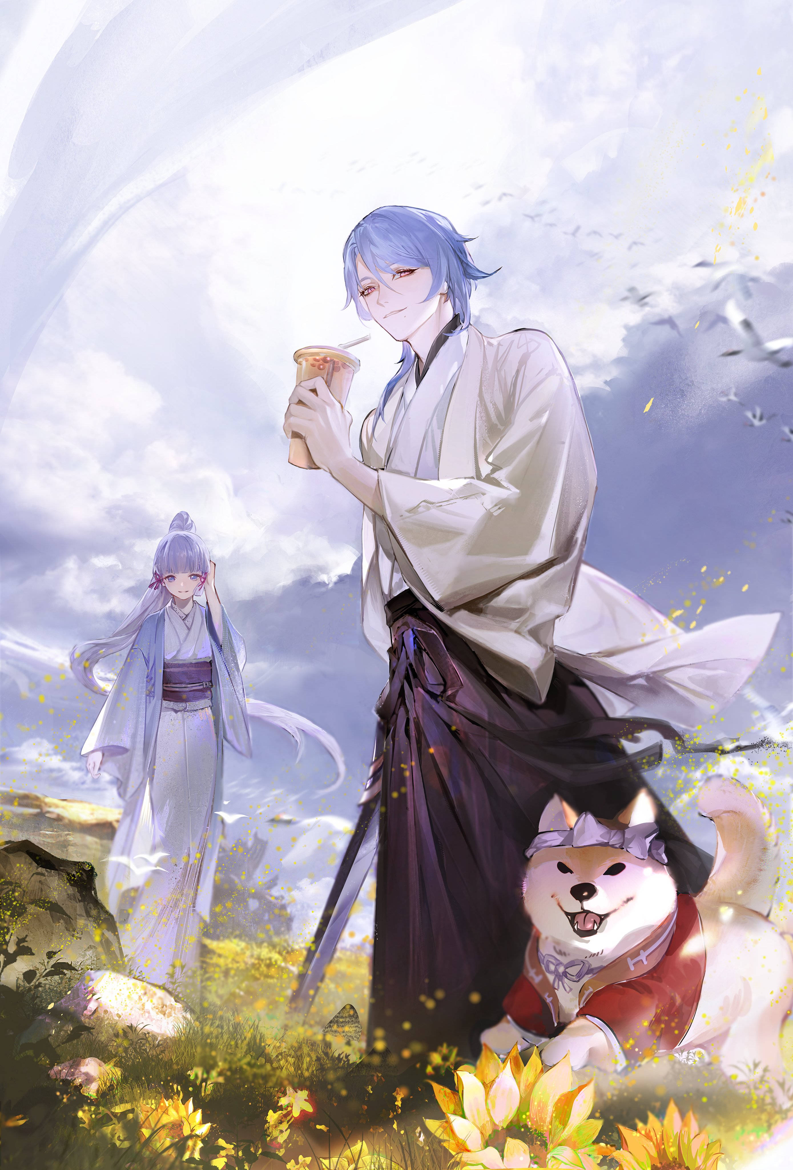 ayato 桌布 壁紙 — 兩個動漫角色和一隻柴犬站在陽光明媚的黃花田野中，天空多雲。