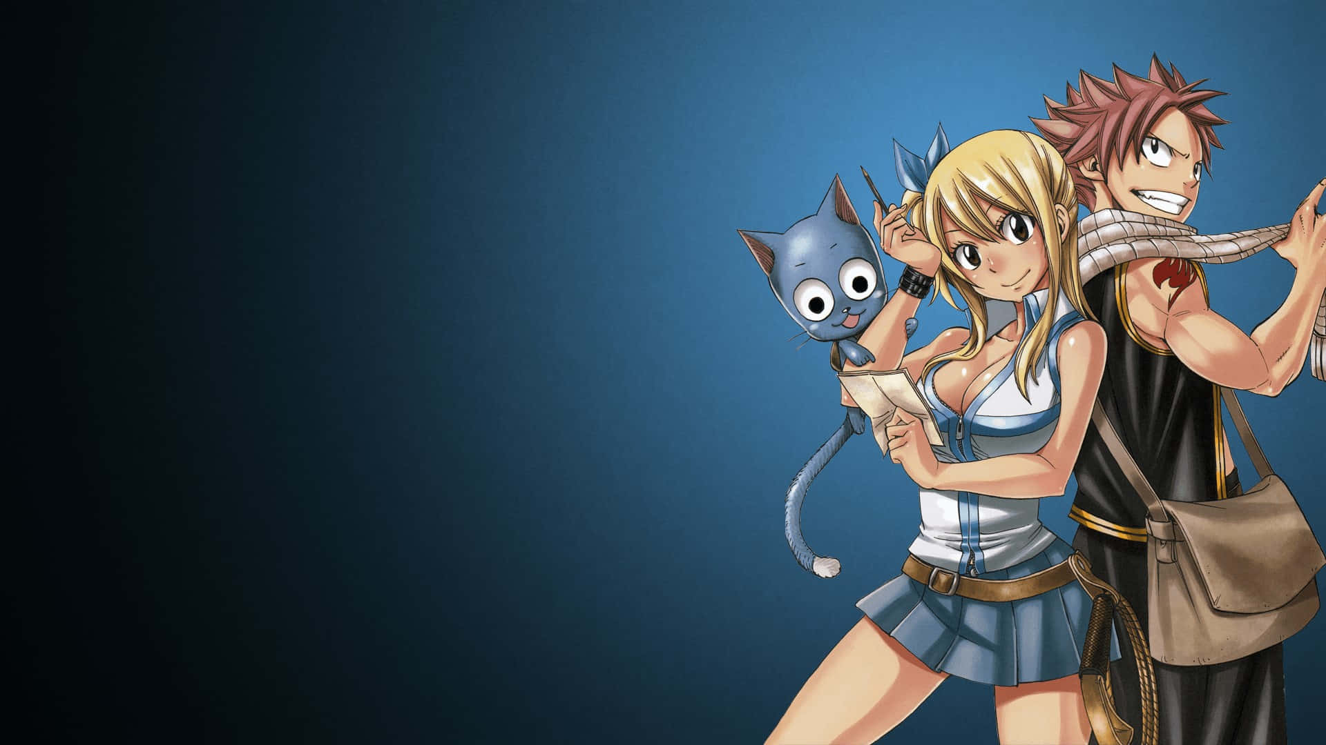 lucy heartfilia 桌布 壁紙 — 兩個動漫角色和一隻藍貓在漸變藍色背景前開心地擺姿勢。