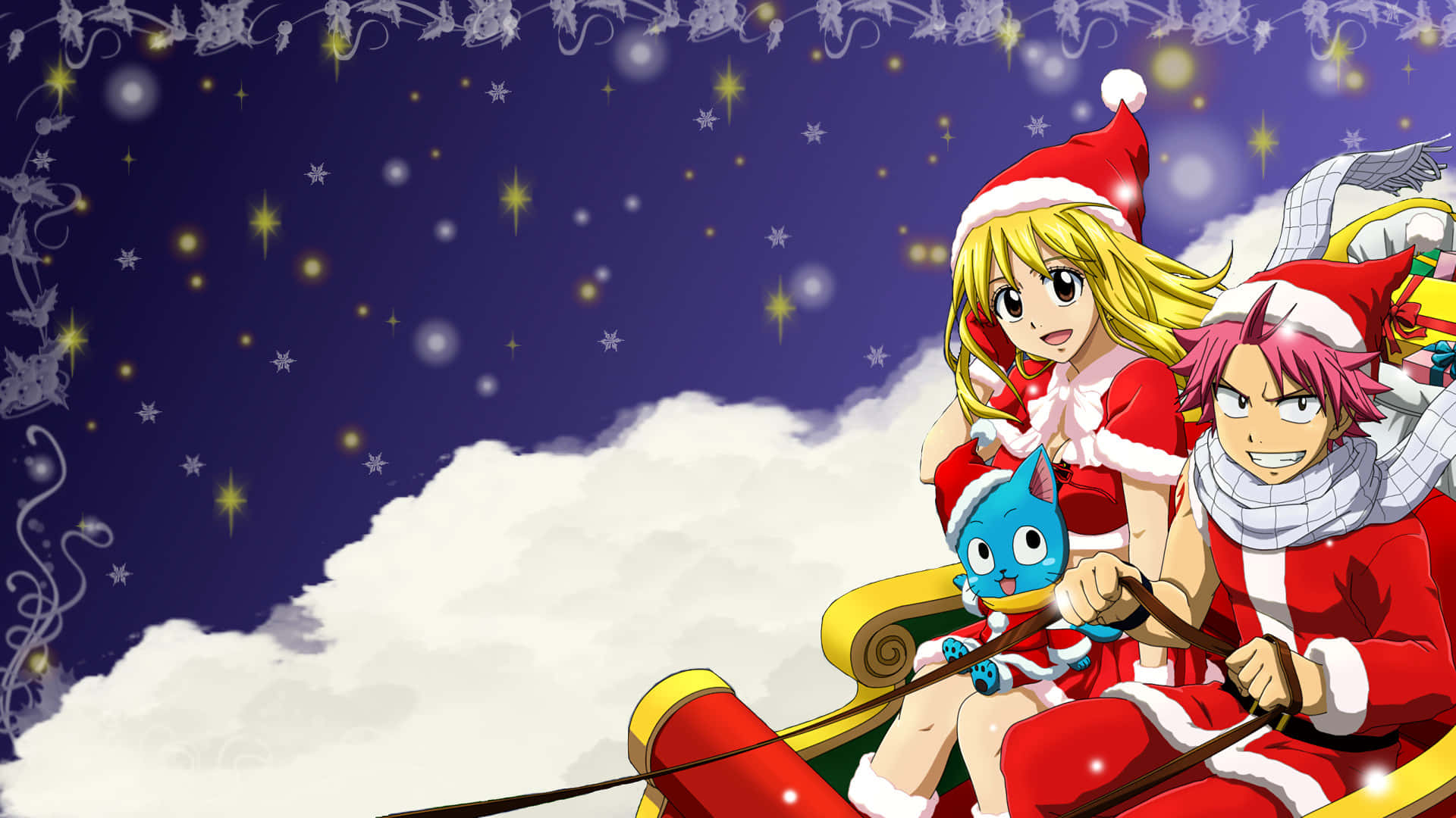 Anime Christmas 桌布 壁紙 — 兩個動漫角色和一隻藍貓穿著節日紅色服裝，在星空下乘雪橇穿過雪雲。