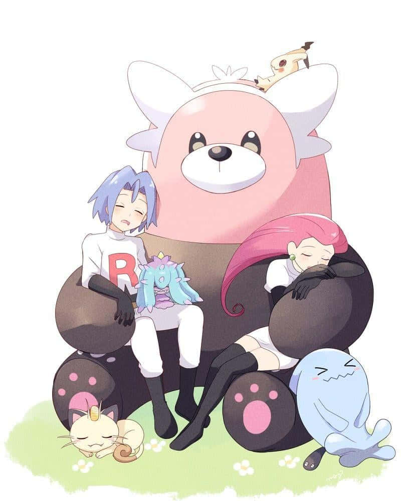 Mareanie 桌布 壁紙 — 兩個動漫角色和幾隻寶可夢在草地上的一隻巨大粉紅色熊玩偶上安然入睡。