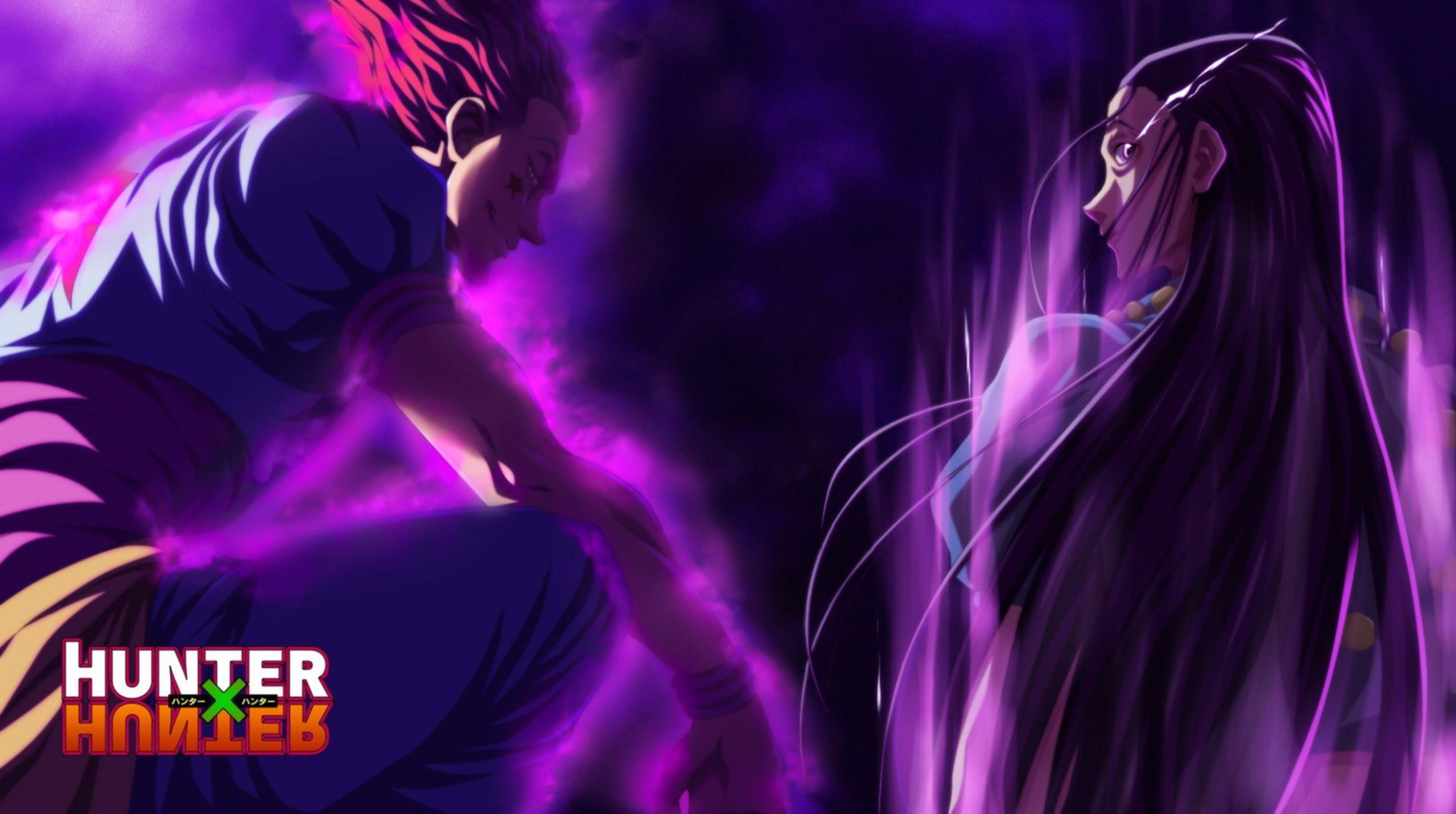 4K 桌布 壁紙 — 兩個動漫角色在《Hunter x Hunter》中戲劇性的紫色燈光場景中對峙。