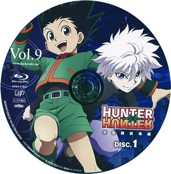 獵人 x 獵人 桌布 壁紙 — 兩個動漫角色在Blu-ray光碟封面上，一個穿著綠色服裝和刺蝟黑髮，另一個有白髮和紫色服裝，背景為深藍色。