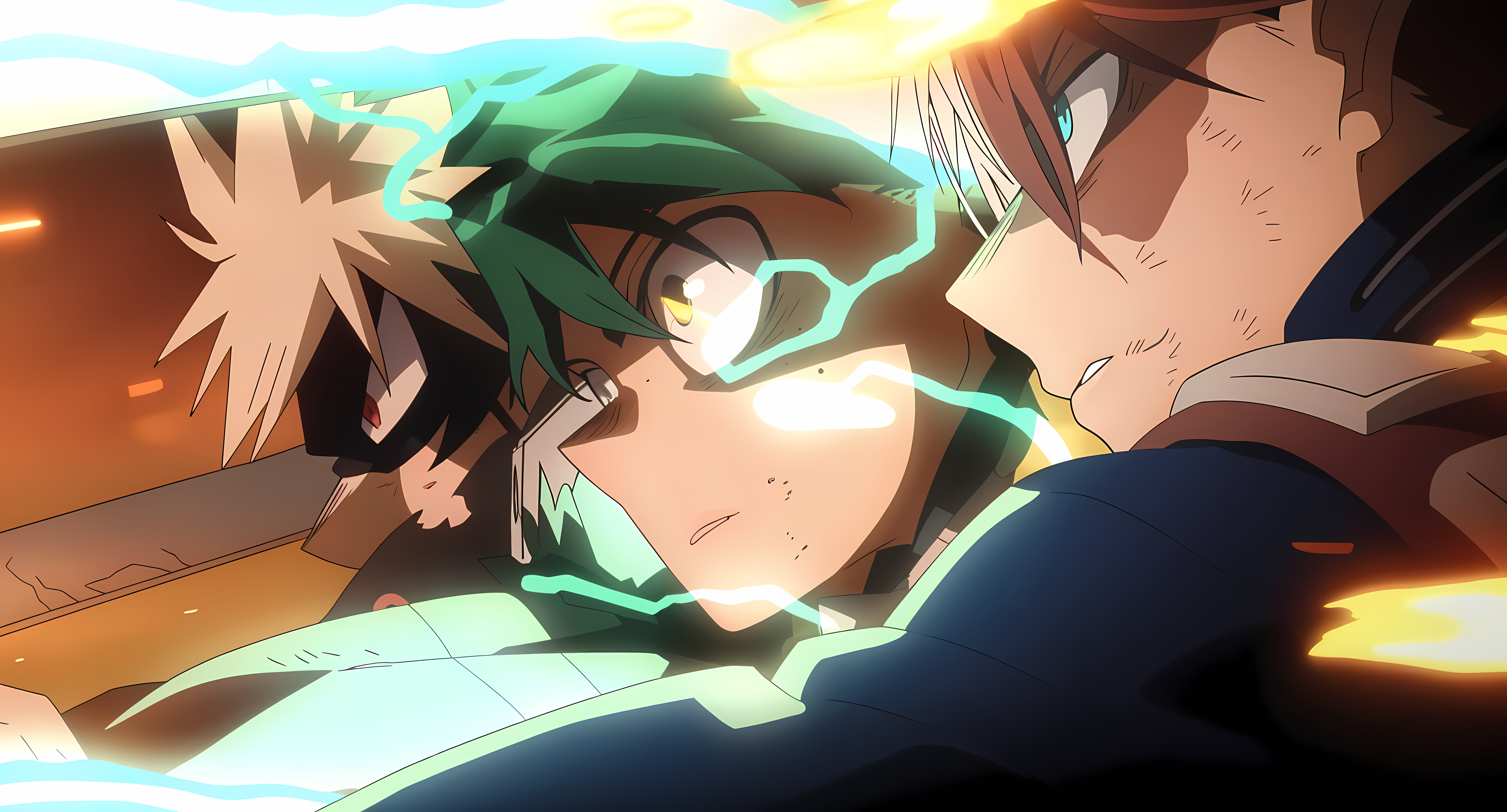 Izuku Midoriya 桌布 壁紙 — 兩個動漫角色在一個動態戰鬥場景中碰撞，周圍環繞著發光的綠色和橙色能量效果。