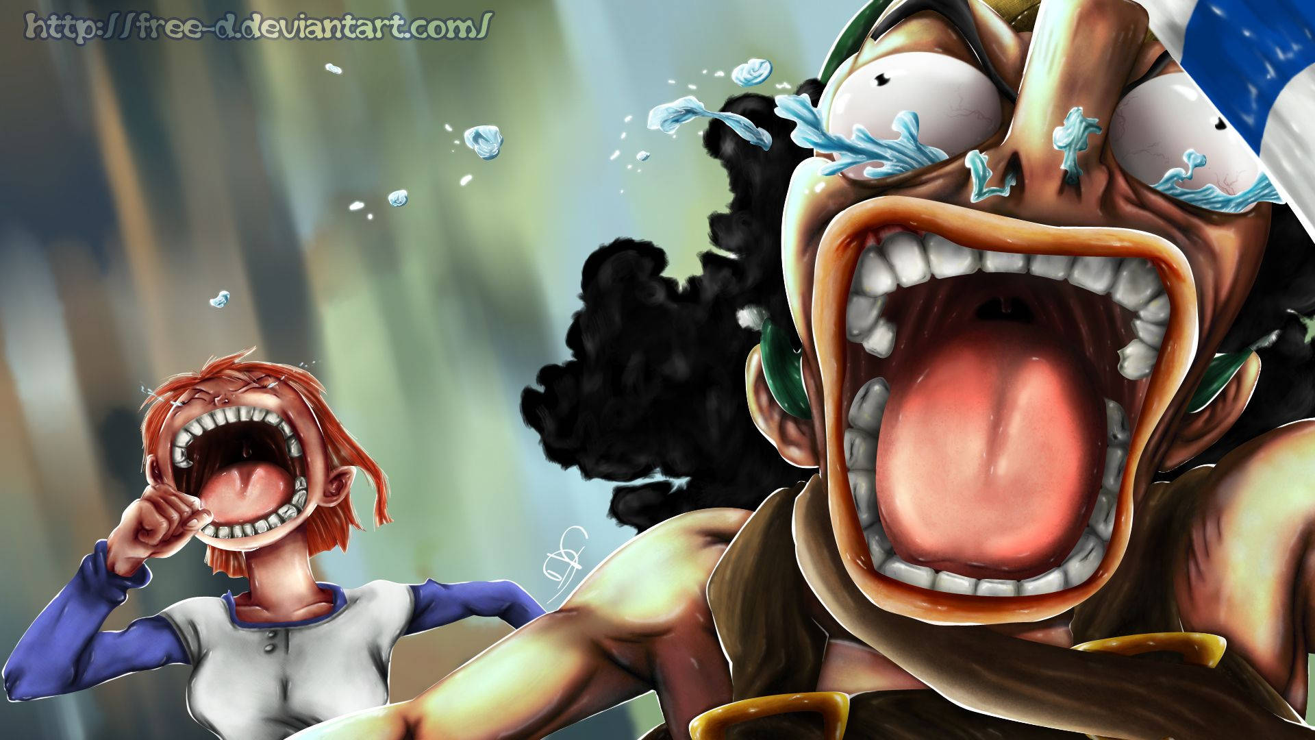one piece usopp 桌布 壁紙 — 兩個動漫角色在一個動態漫畫場景中，帶著誇張的表情和飛濺的水滴瘋狂尖叫。