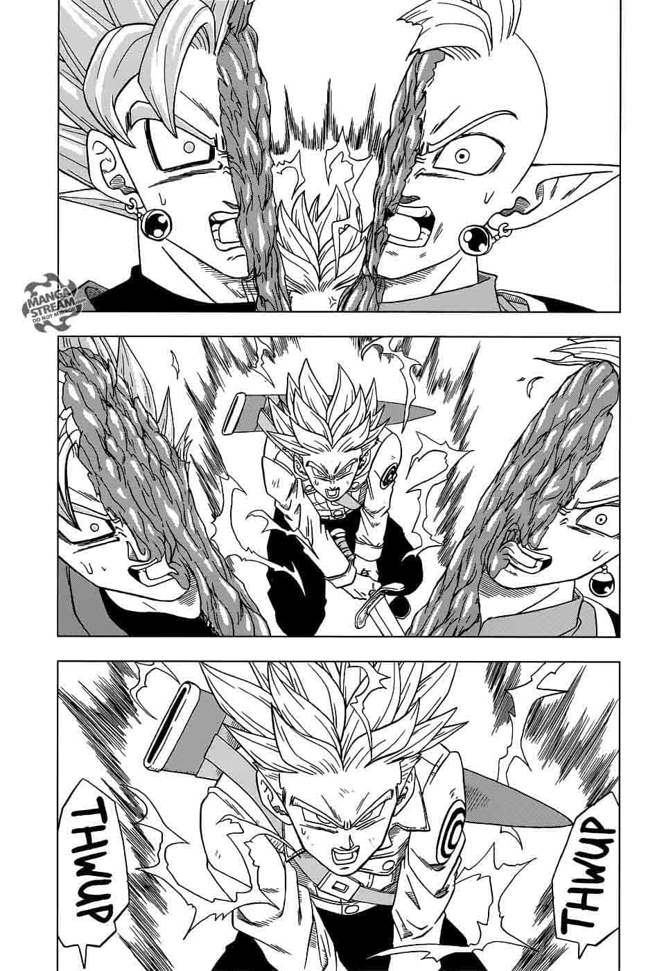 Dragon Ball Super Manga 桌布 壁紙 — 兩個動漫角色在一個動態黑白漫畫面板中碰撞，帶有運動線條和音效。