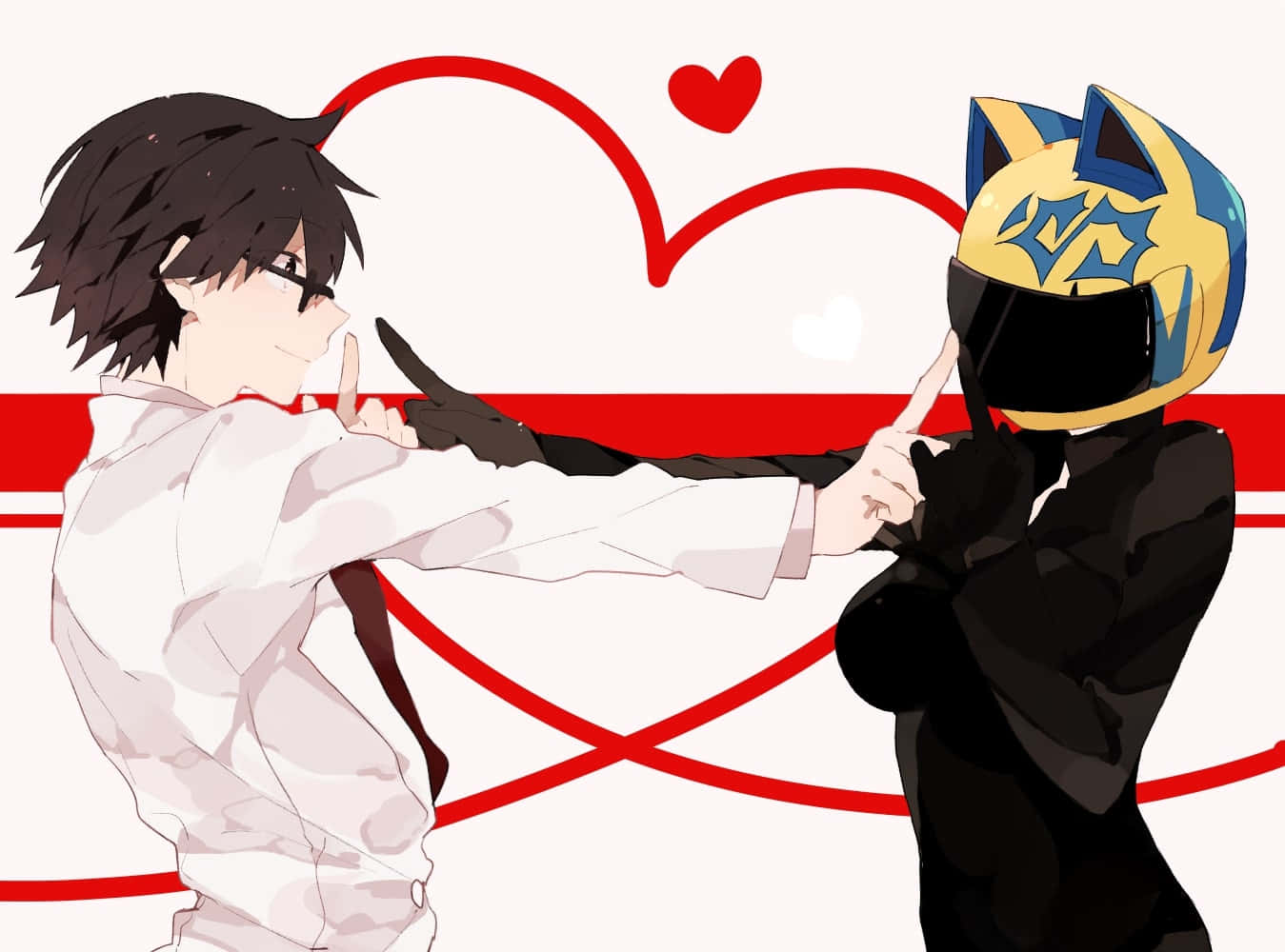 Celty Sturluson 桌布 壁紙 — 兩個動漫角色在一個大型紅色心形輪廓內進行有趣的指槍對峙。