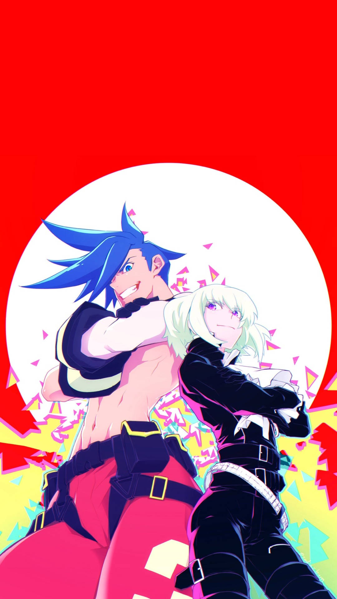 Promare 桌布 壁紙 — 兩個動漫角色在一個大膽的紅色背景上動態擺姿勢，背景有白色圓圈和彩色碎片。