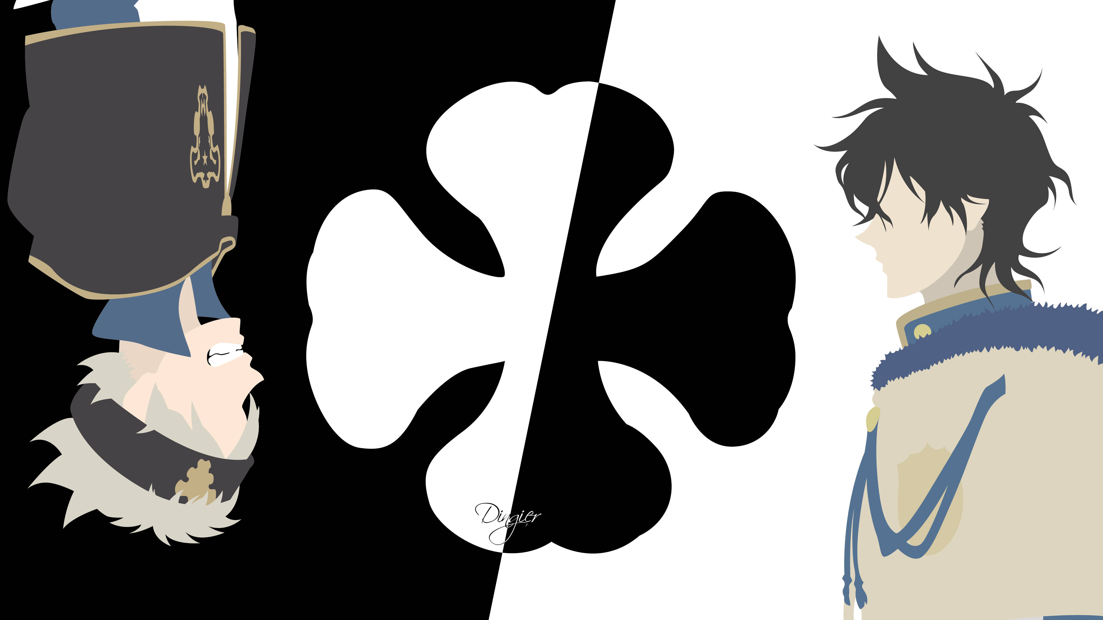 Black Clover Asta 桌布 壁紙 — 兩個動漫角色在一個大膽的黑白三葉草符號兩側面對面，構成鮮明的極簡構圖。