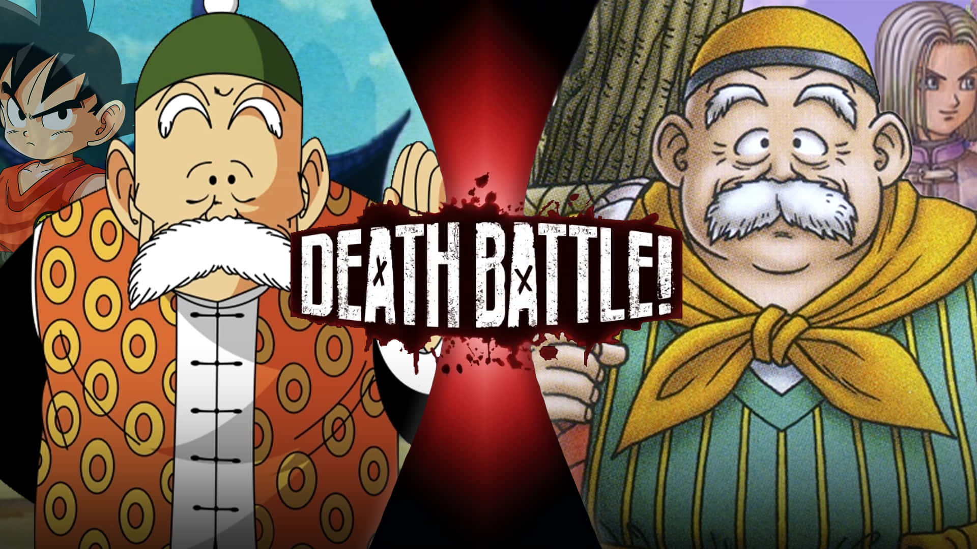 Grandpa Gohan 桌布 壁紙 — 兩個動漫角色在一個戲劇性的分割畫面戰鬥場景中對峙，帶有醒目的紅色能量和「Death Battle!」標誌。