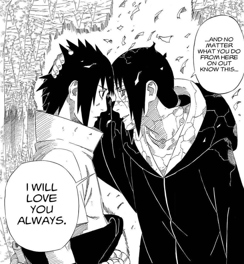 Naruto Manga 桌布 壁紙 — 兩個動漫角色在一個戲劇性的黑白漫畫面板中分享情感時刻，對話氣泡宣告永恆的愛。