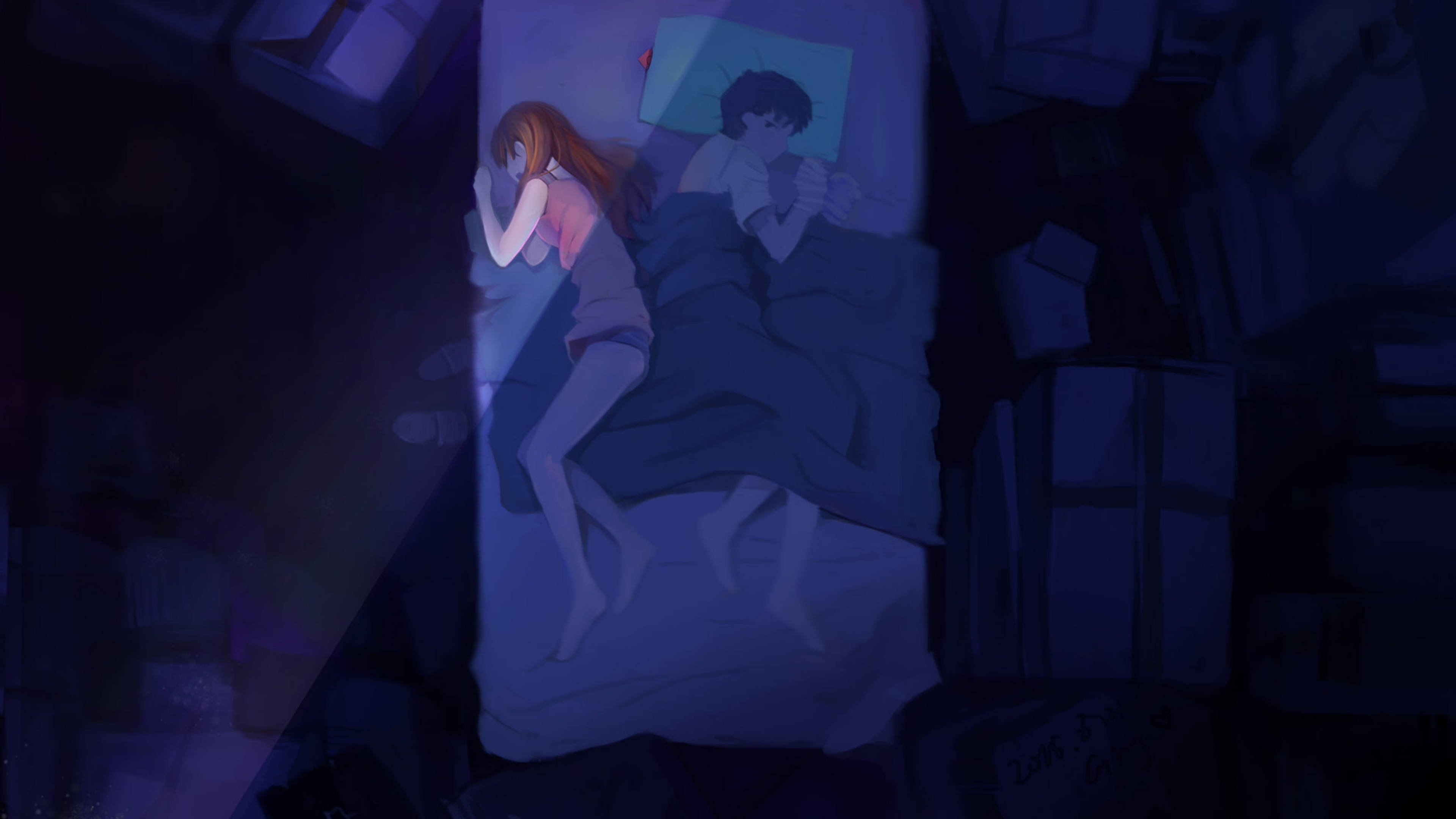 rei ayanami 桌布 壁紙 — 兩個動漫角色在一個昏暗的房間裡，睡在一張狹窄的床上，周圍堆滿了高聳的書堆。