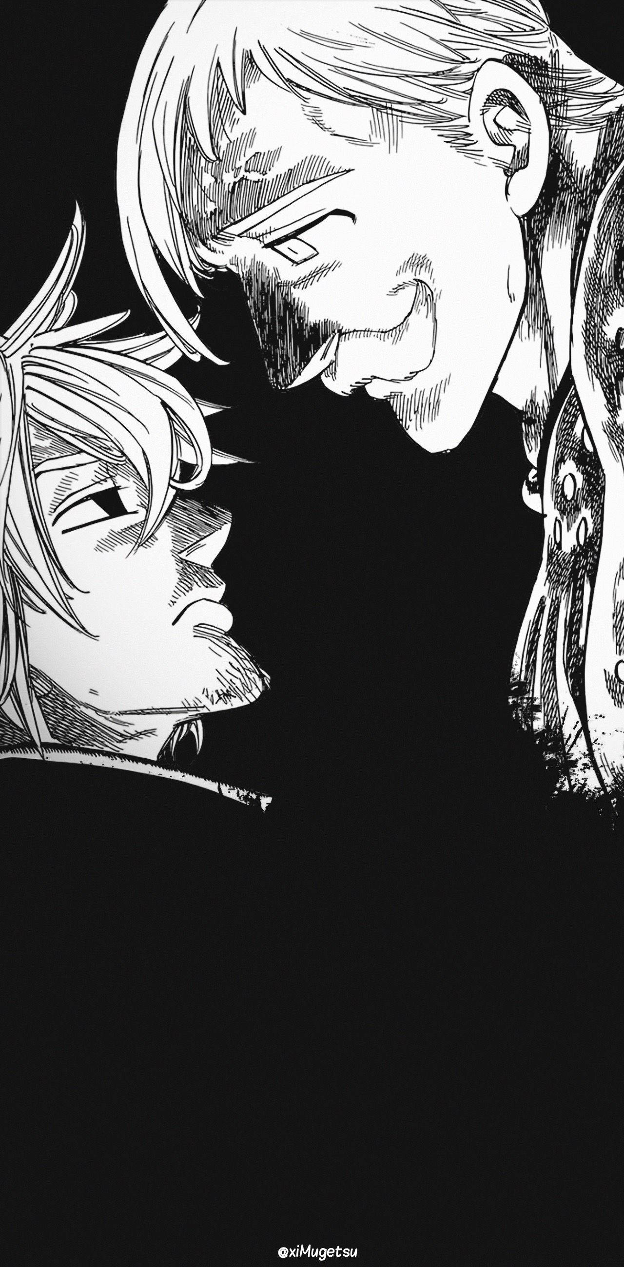 Escanor 桌布 壁紙 — 兩個動漫角色在一個緊張的黑白漫畫面板中面對面，帶有戲劇性的陰影。