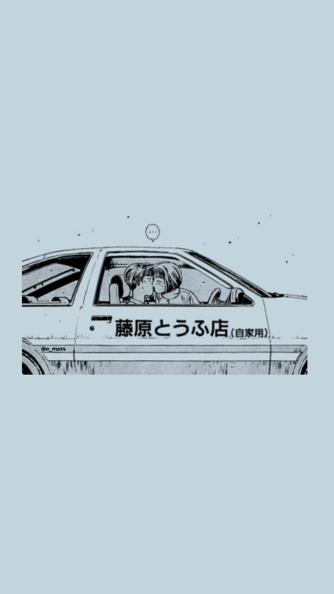 Kiss 桌布 壁紙 — 兩個動漫角色在一輛白色車內接吻，車側有日文字，背景為淡藍色。