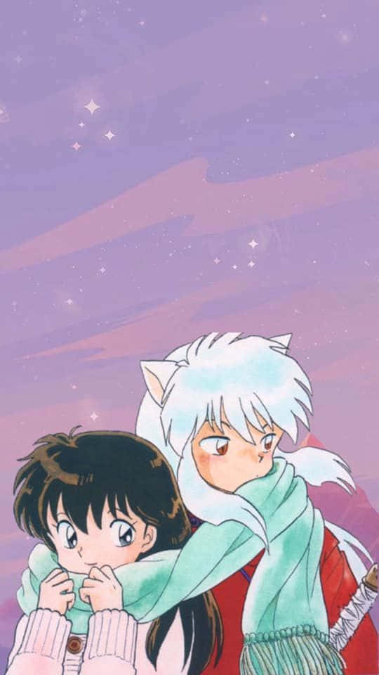 Inuyasha And Rin 桌布 壁紙 — 兩個動漫角色在佈滿柔和閃爍星星的紫色星空下共享溫馨時刻。