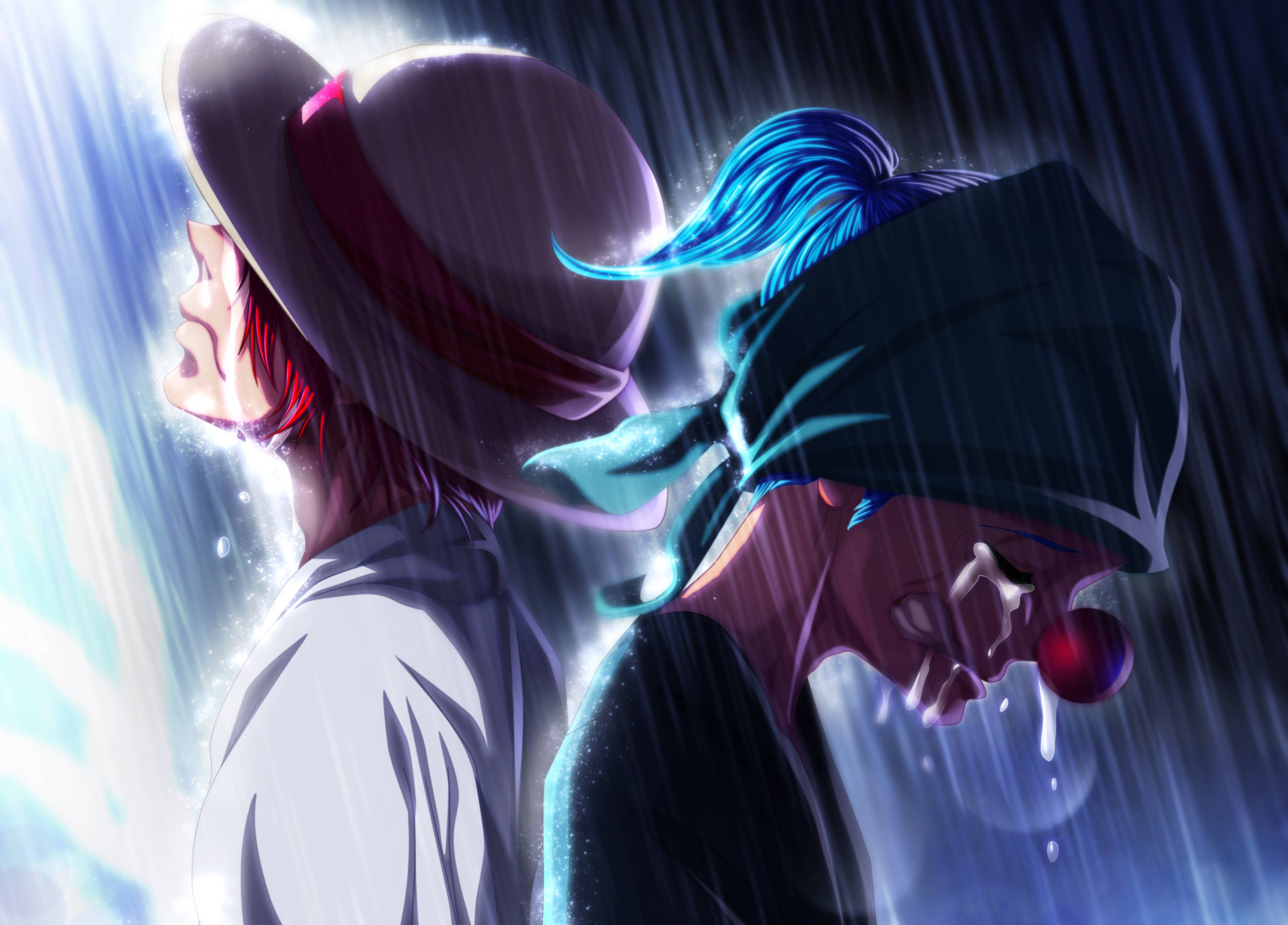 Shanks 桌布 壁紙 — 兩個動漫角色在傾盆大雨中擁抱，一個有紅頭髮和帽子，另一個有藍頭髮和小丑鼻子，雨絲穿過發光的光線。