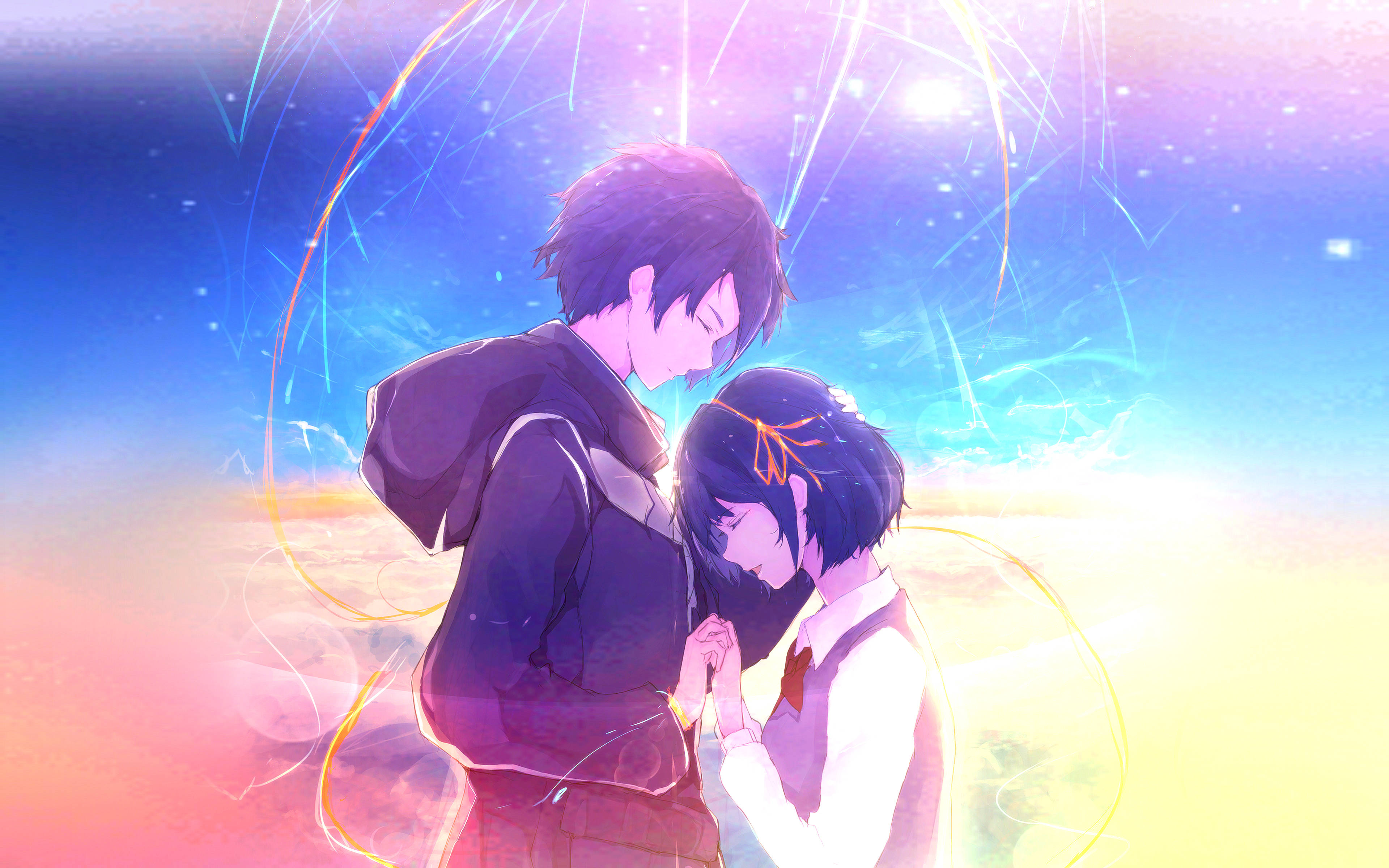 Your Name 桌布 壁紙 — 兩個動漫角色在充滿光芒和柔和光線的鮮豔宇宙天空下分享親密時刻。