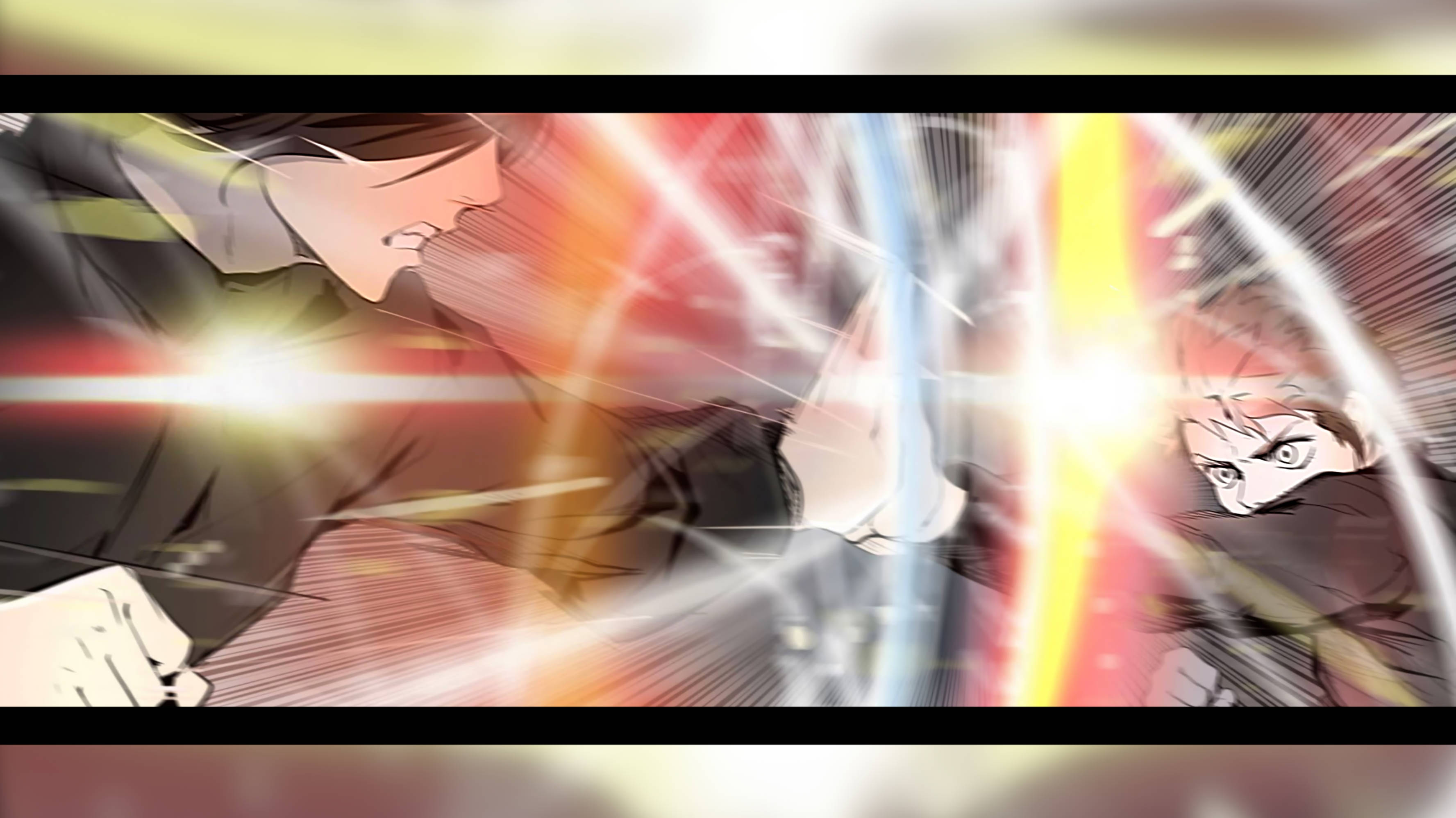 Tower Of God 桌布 壁紙 — 兩個動漫角色在充滿動感的戰鬥中碰撞，伴隨著爆炸性能量光束和運動線條。