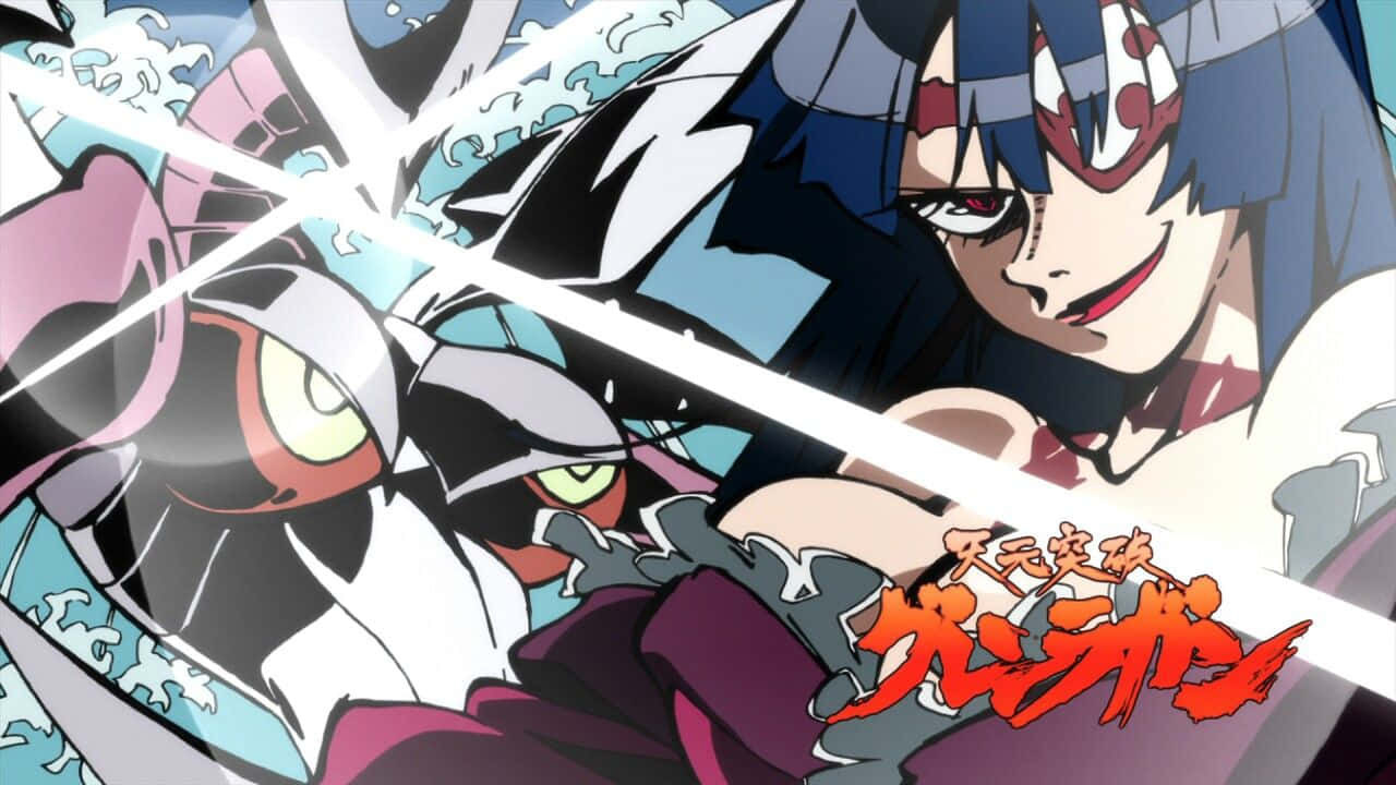 Gurren Lagann Adiane 桌布 壁紙 — 兩個動漫角色在充滿動感的戰鬥場景中碰撞，帶有銳利的能量線條和大膽的色彩。