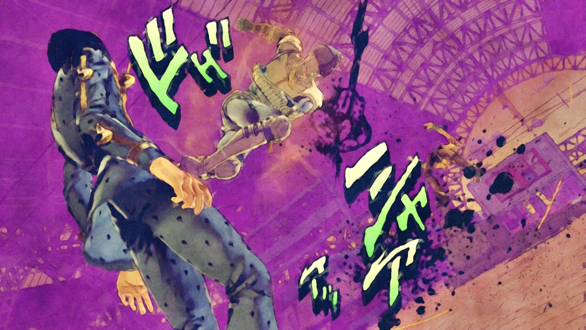 Jojo 桌布 壁紙 — 兩個動漫角色在充滿動感的紫色戰鬥場景中碰撞，帶有綠色的擬聲詞和飛濺的墨水效果。
