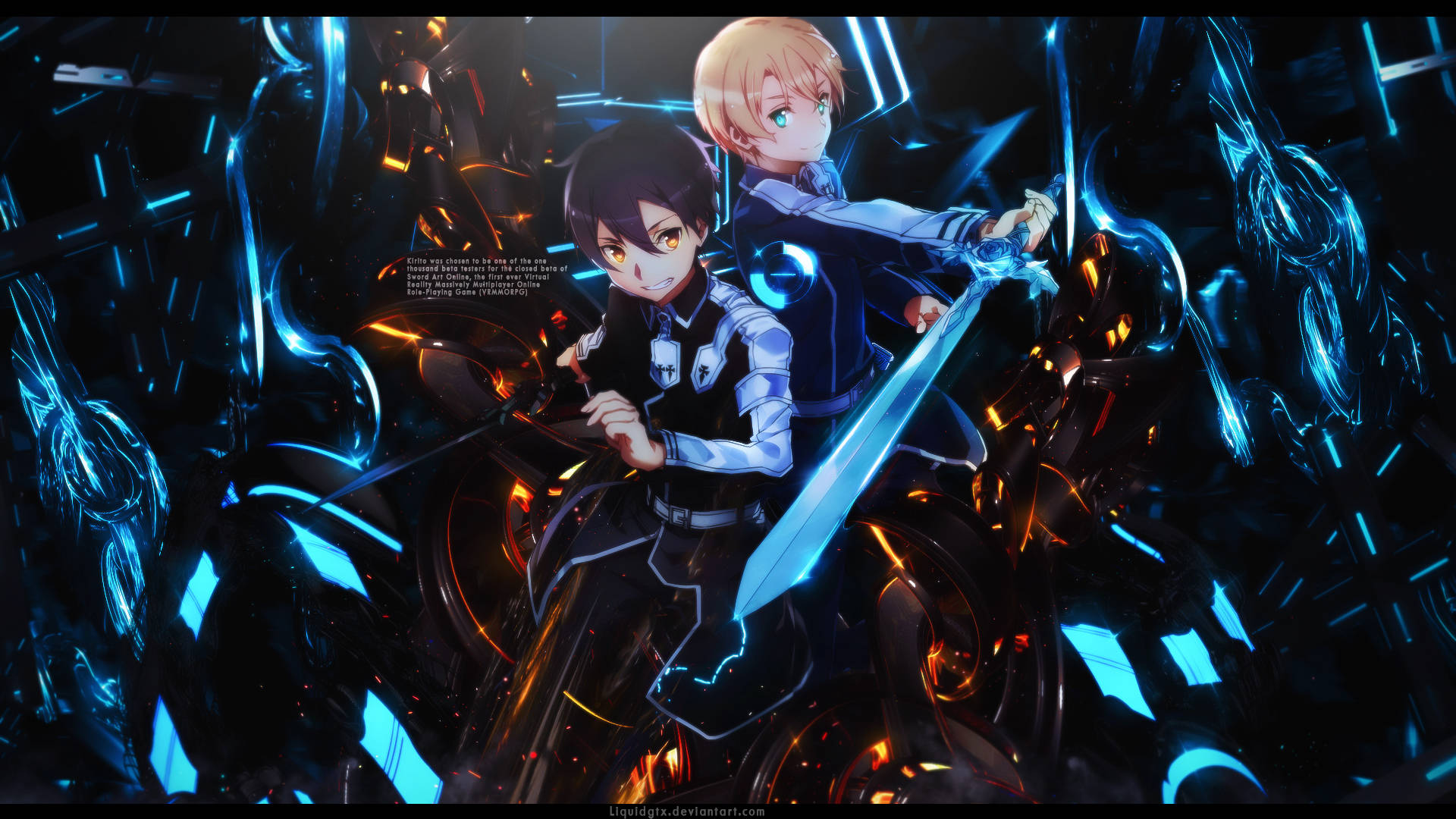 Kirito 桌布 壁紙 — 兩個動漫角色在充滿動感的藍色和橙色數位戰場上揮舞發光的劍，帶有碎玻璃效果。