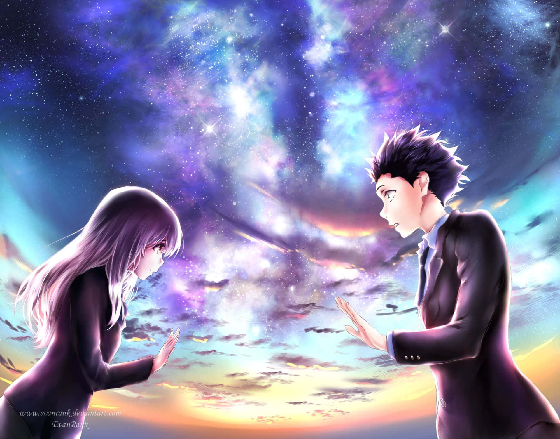 聲之形 桌布 壁紙 — 兩個動漫角色在充滿星星和星雲的鮮豔宇宙天空下互相伸手。