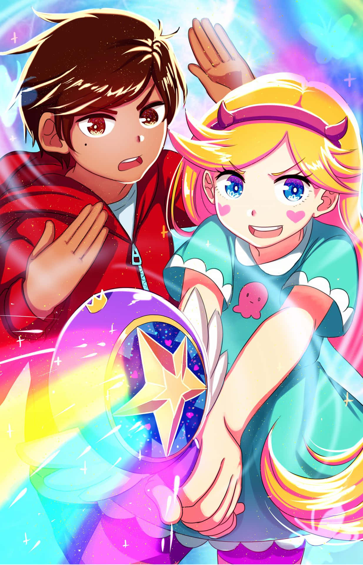 Star Vs The Forces Of Evil 桌布 壁紙 — 兩個動漫角色在充滿活力的宇宙背景前，手持發光的星星盾牌，伴隨著彩虹光線。