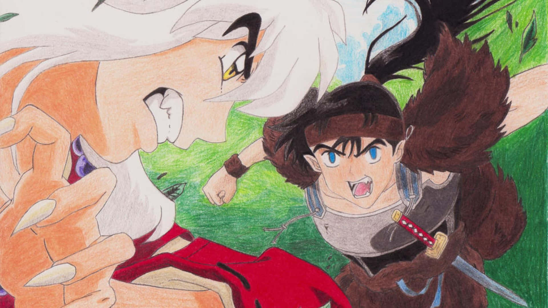 Inuyasha Koga 桌布 壁紙 — 兩個動漫角色在充滿活力的戰鬥場景中對戰，色彩鮮豔，表情豐富。