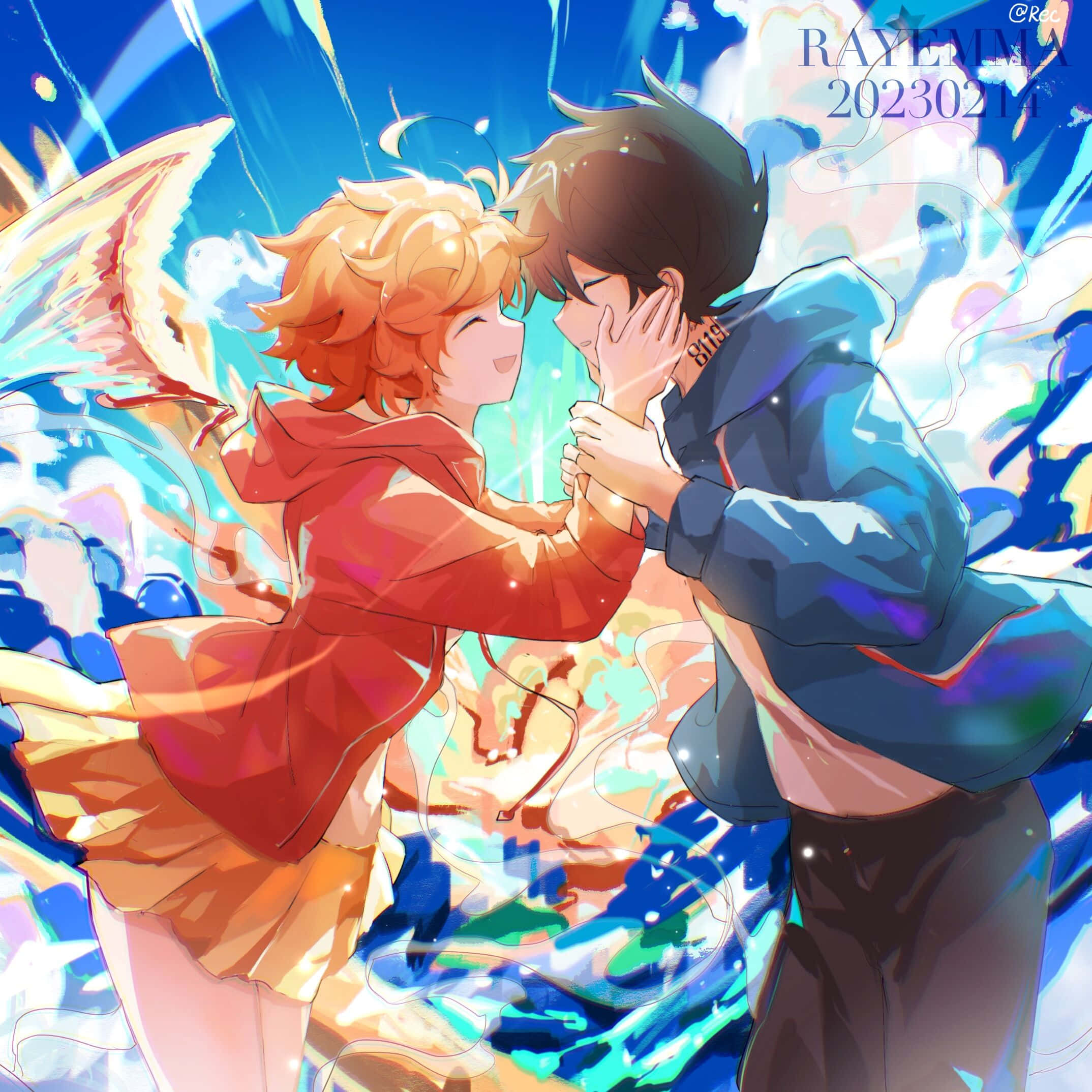 The Promised Neverland Ray 桌布 壁紙 — 兩個動漫角色在充滿活力的抽象背景（旋轉的藍色和橙色）中溫暖地擁抱。