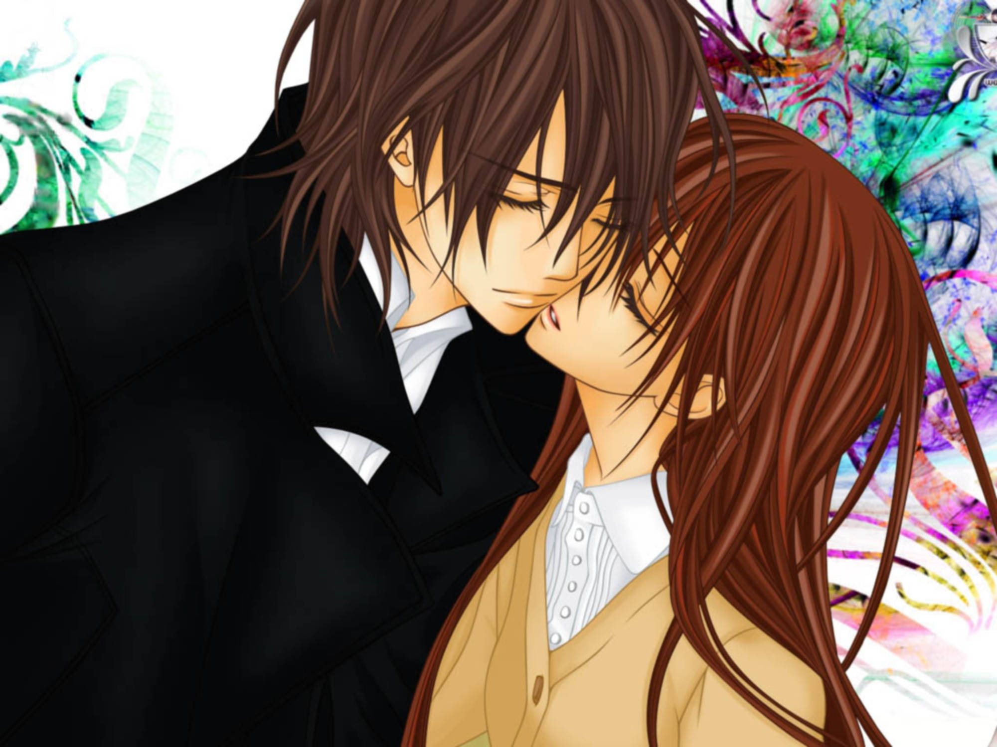 Vampire Knight 桌布 壁紙 — 兩個動漫角色在充滿活力的抽象背景前分享親密時刻。