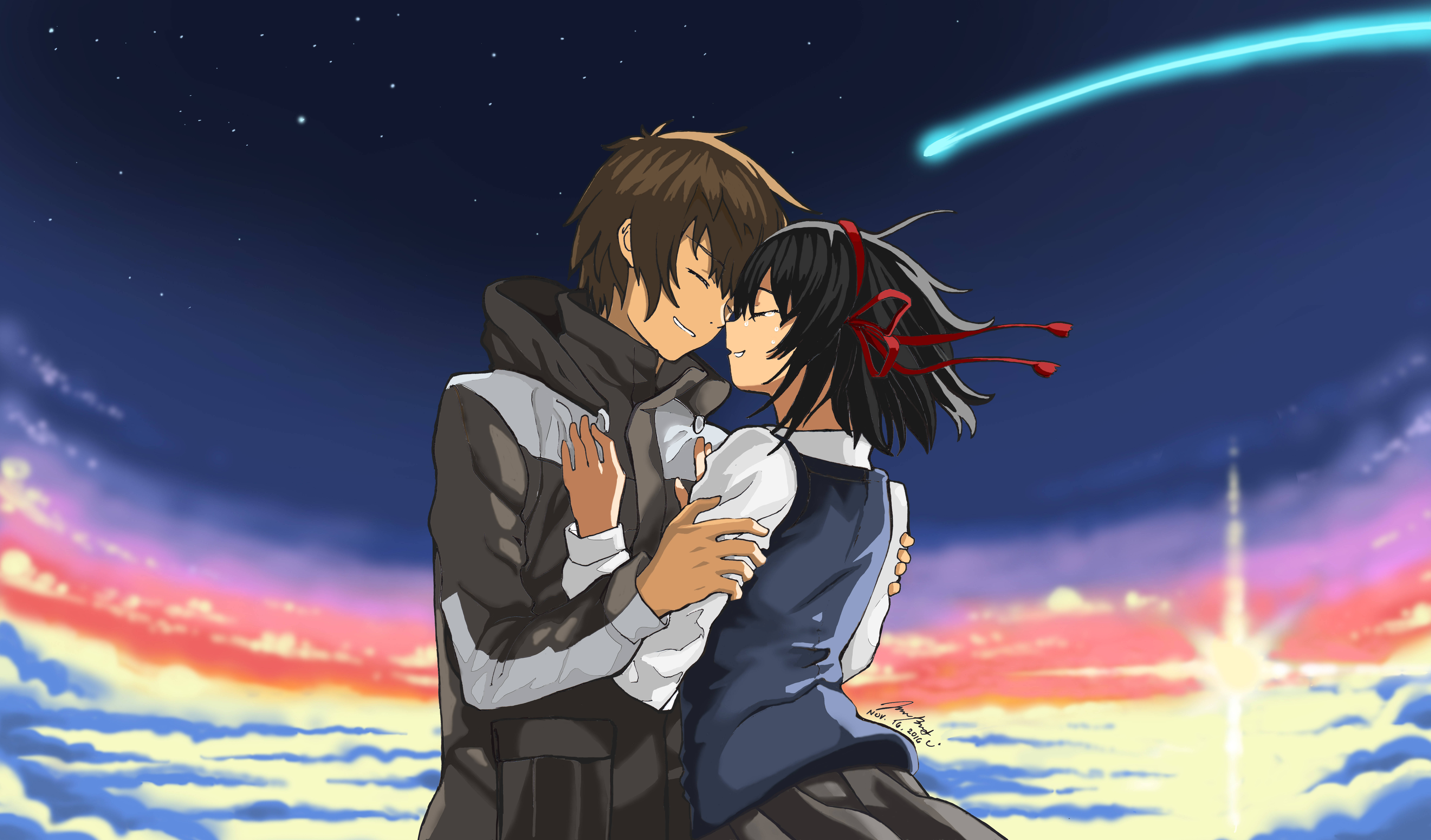 Your Name 桌布 壁紙 — 兩個動漫角色在充滿活力的暮色天空下溫柔擁抱，天空中有粉紅、橙色和藍色的雲彩以及一顆發光的彗星。