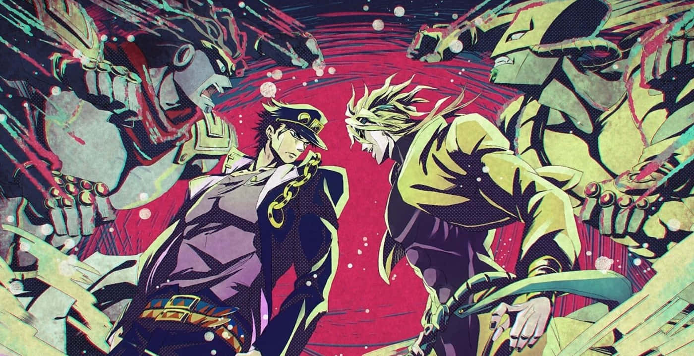 Jojo Manga 桌布 壁紙 — 兩個動漫角色在充滿活力的漫畫風格戰鬥中碰撞，怪獸般的手臂從紅色宇宙背景中爆發出來。