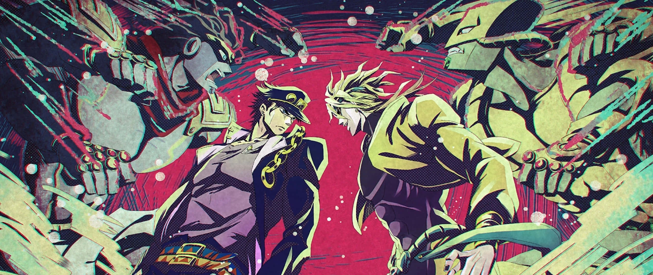 Jojo 桌布 壁紙 — 兩個動漫角色在充滿活力的漫畫風格戰鬥中碰撞，帶有爆炸性能量和動態運動線條。