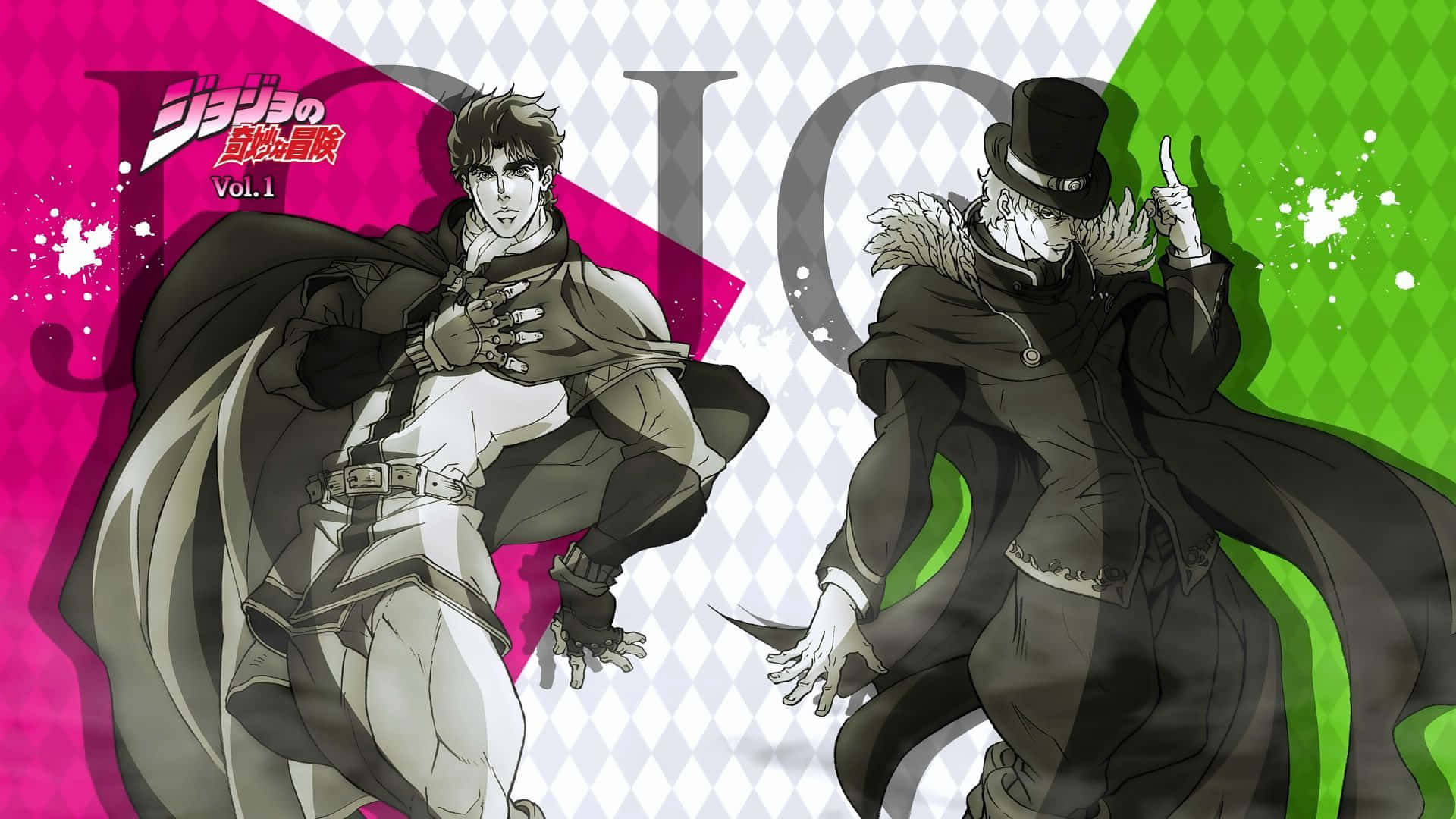 Phantom Blood 桌布 壁紙 — 兩個動漫角色在充滿活力的粉紅色和綠色背景上，以戲劇性的姿勢呈現，帶有鮮明的幾何圖案。