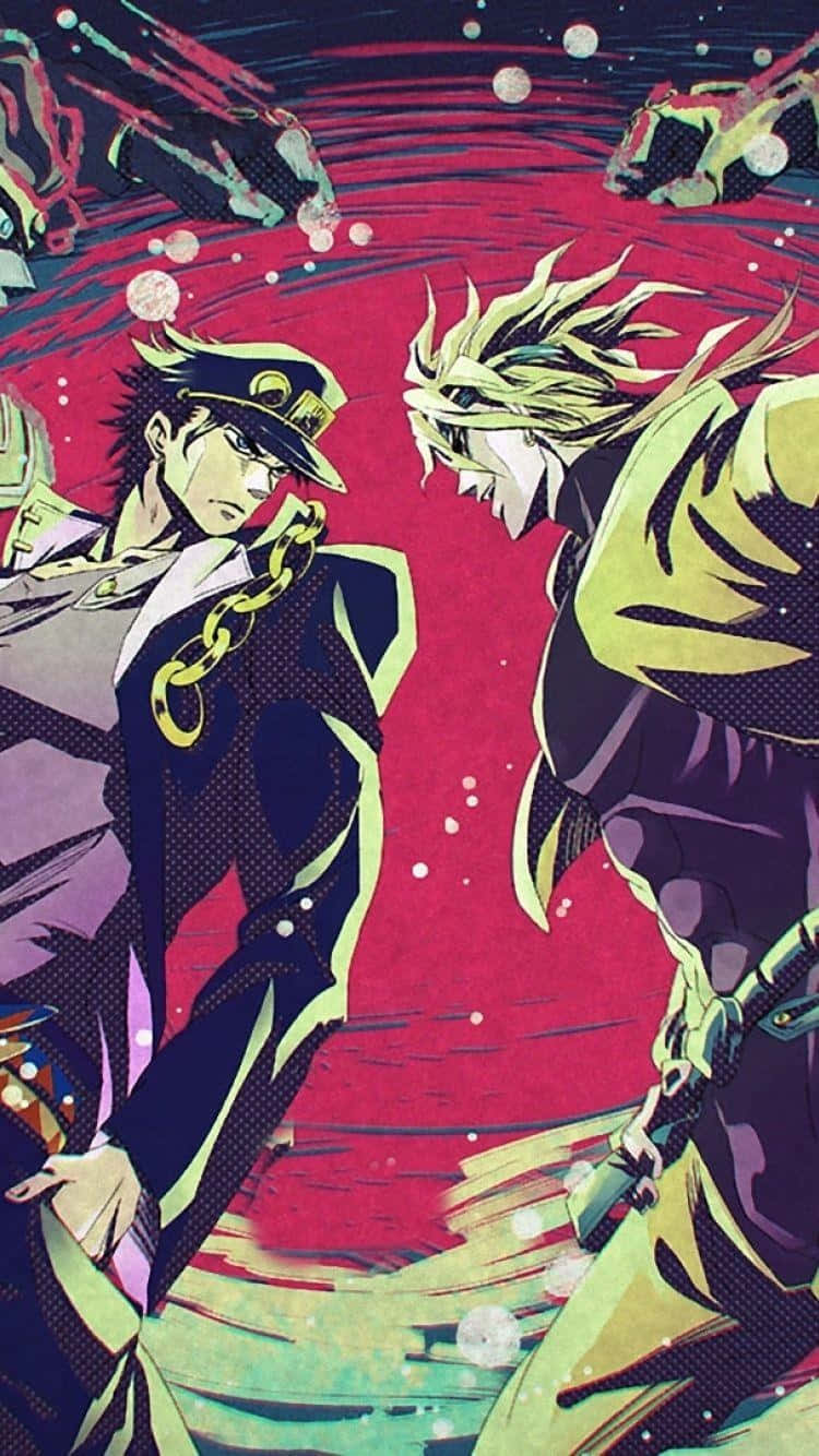Jojo 桌布 壁紙 — 兩個動漫角色在充滿活力的紅色宇宙場景中碰撞，漂浮著碎片和動態運動線條。