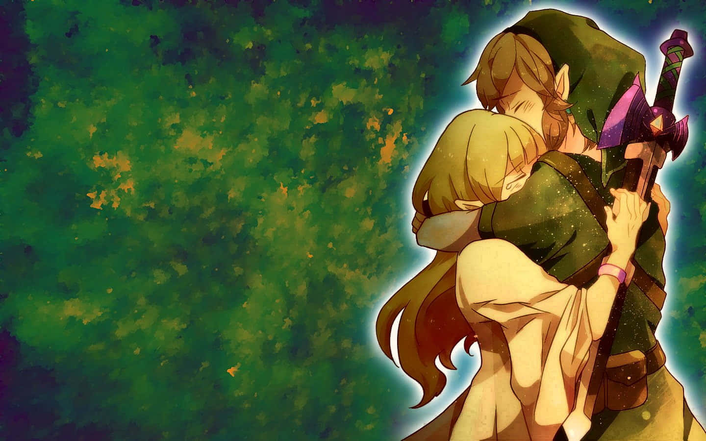 The Legend Of Zelda Skyward Sword 桌布 壁紙 — 兩個動漫角色在充滿活力的綠色紋理背景上溫暖擁抱，背景中有發光粒子。