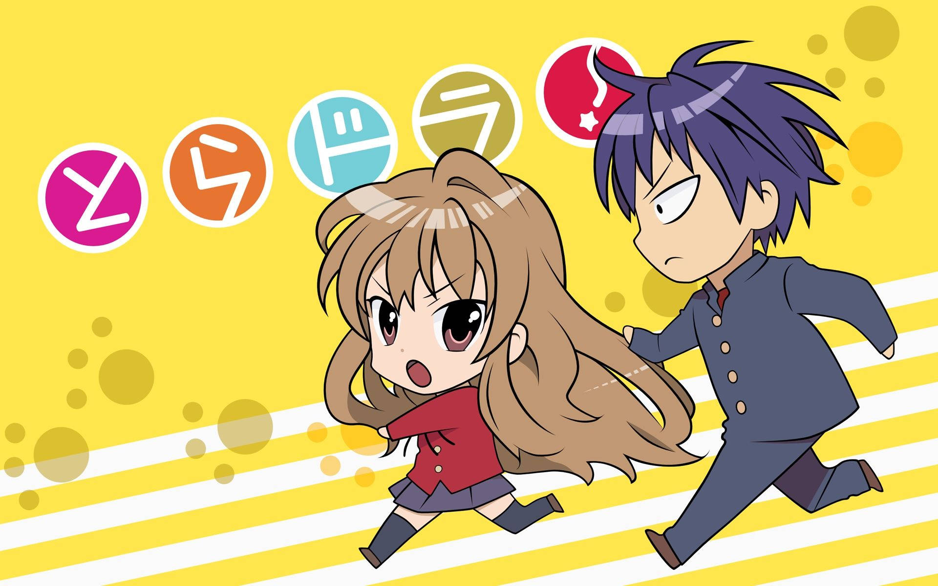 Toradora 桌布 壁紙 — 兩個動漫角色在充滿活力的黃色背景上互相追逐，帶有彩色對話氣泡。