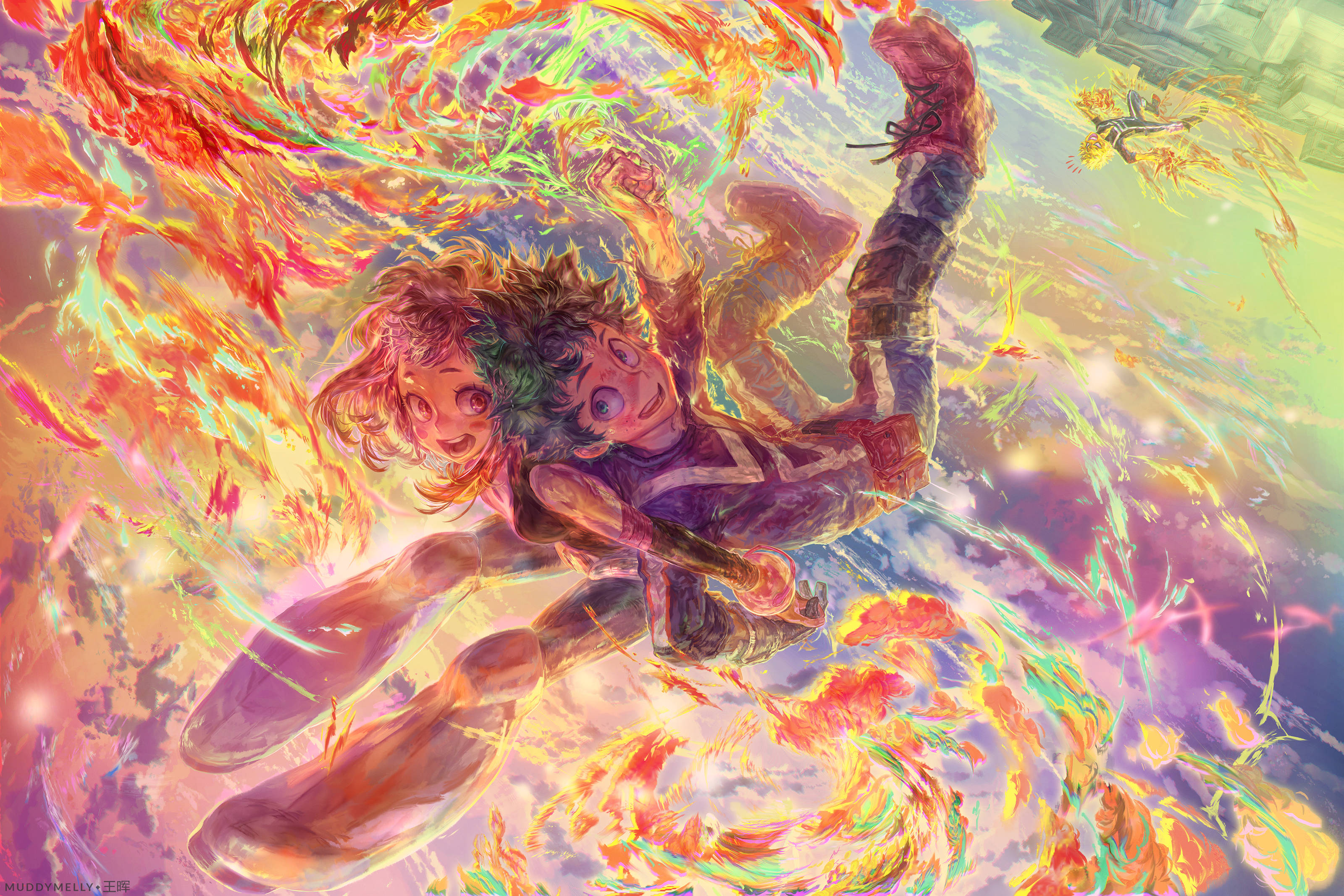 Uraraka 桌布 壁紙 — 兩個動漫角色在充滿火橙色和電光綠能量軌跡的鮮豔宇宙風暴中翱翔。