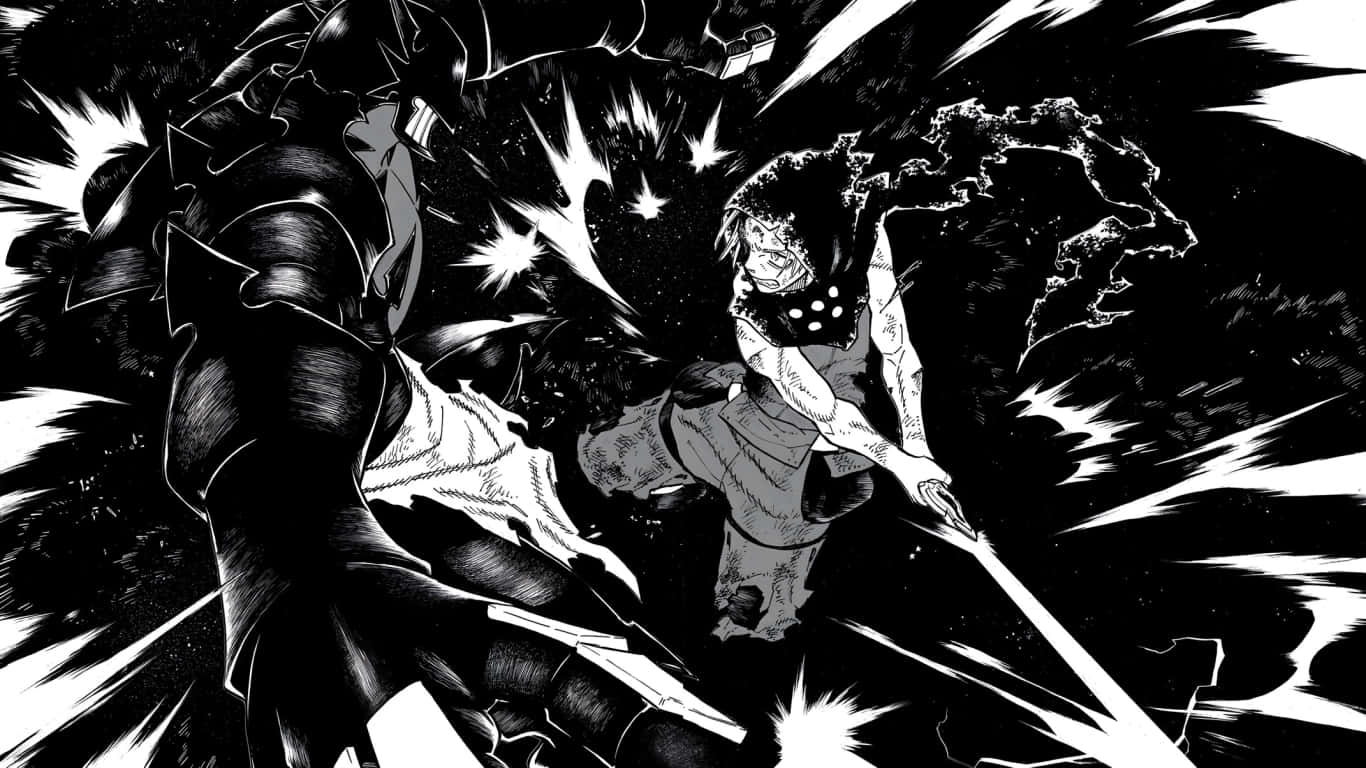 Fire Force Joker 桌布 壁紙 — 兩個動漫角色在充滿爆炸性能量線條的動態黑白戰鬥場景中碰撞。