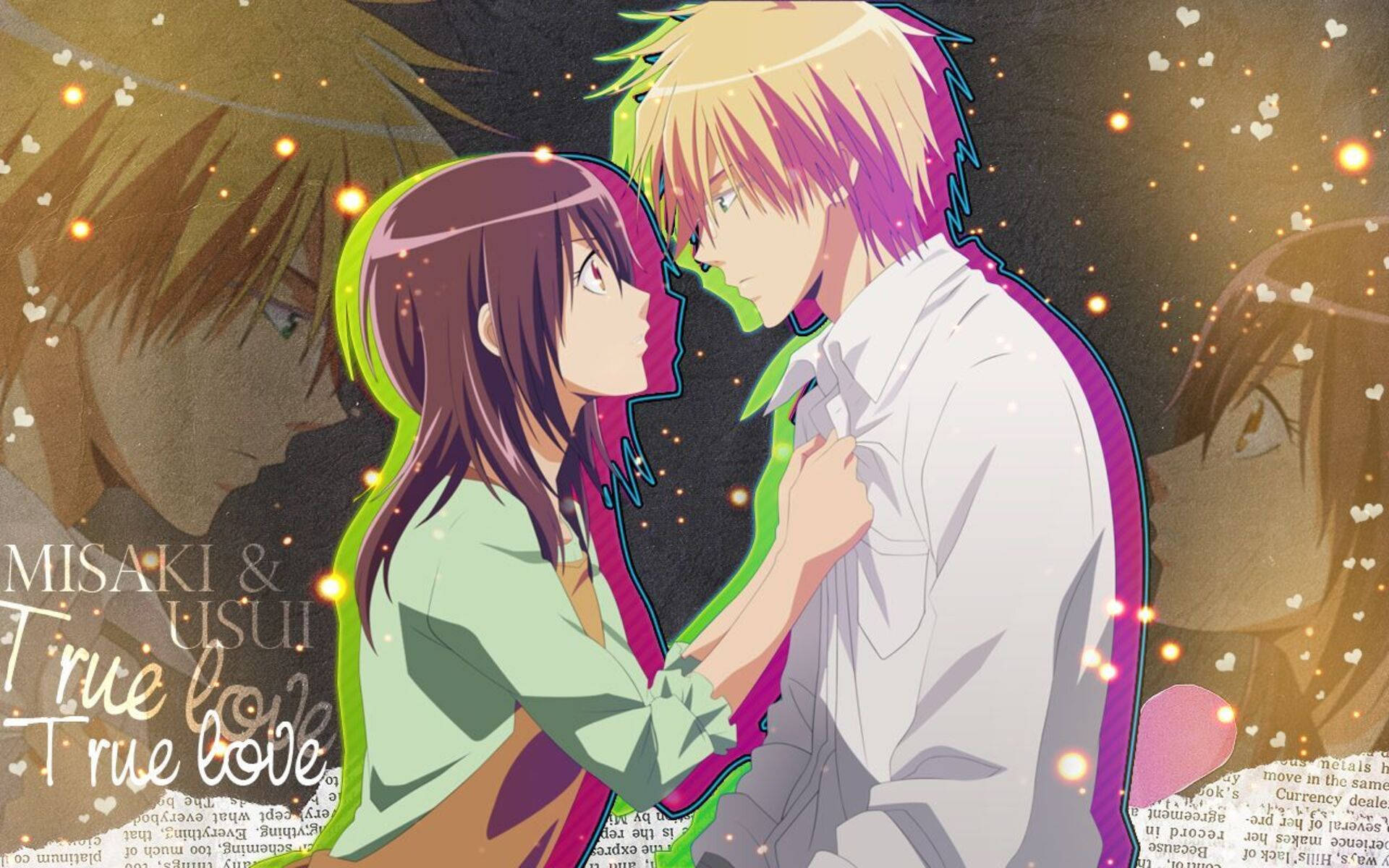 Kaichou Wa Maid Sama 桌布 壁紙 — 兩個動漫角色在充滿發光心形和文字疊加的背景下深情對視。